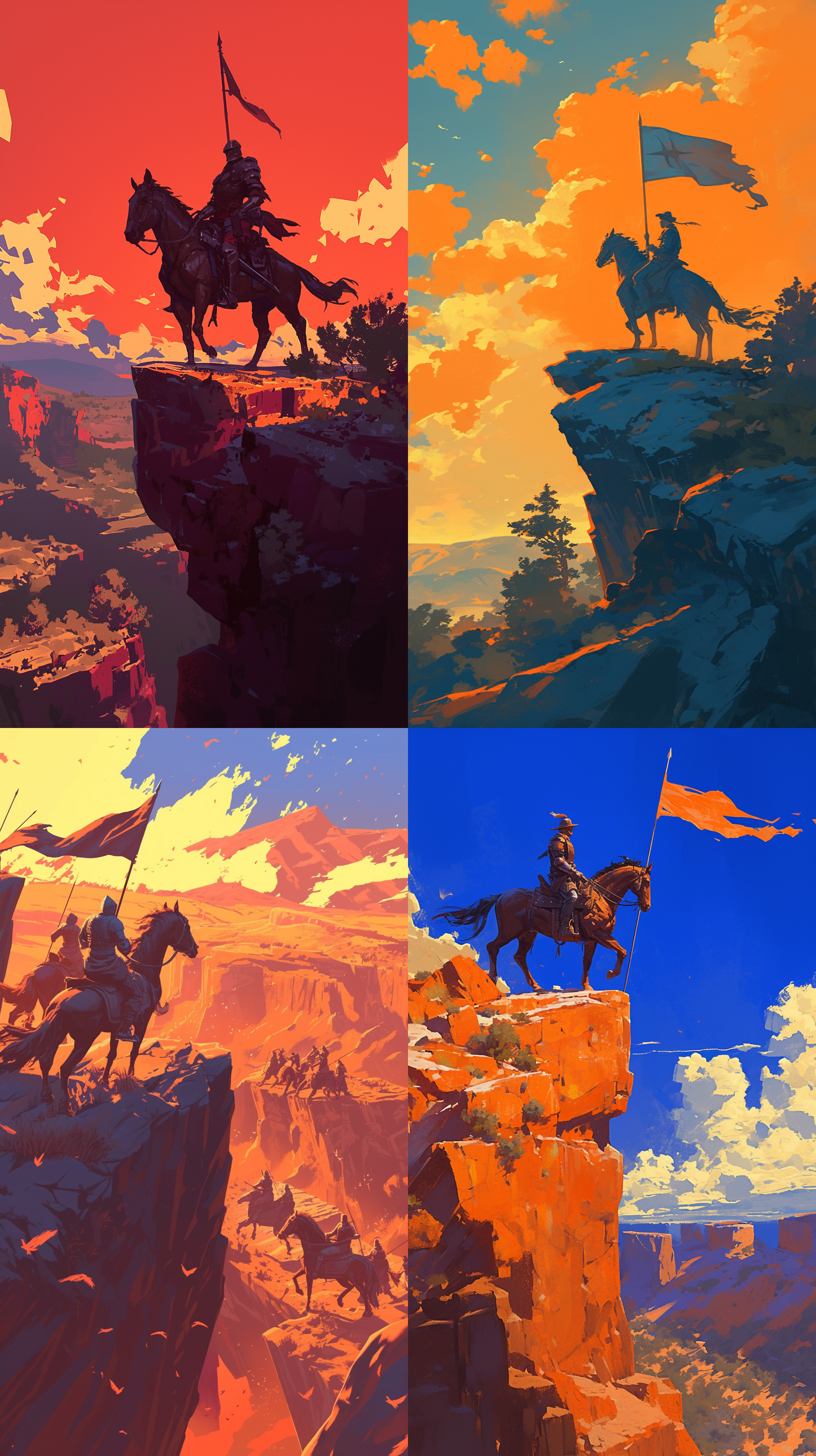 西方玄幻 骑士 旗帜 悬崖 马 黄昏 动画艺术 超扁平 二维插图 阿普 米勒 动画艺术 超扁平 二维插图 阿普 米勒