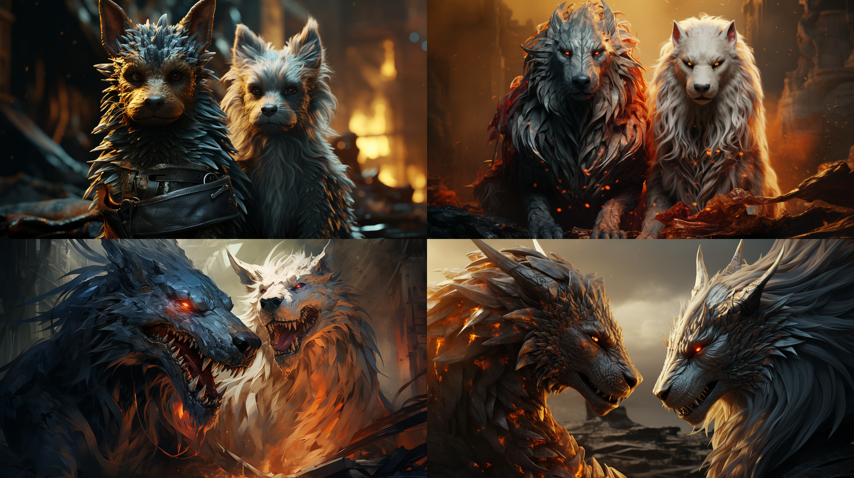 两只狗变身为龙，由artgerm和wlop创作，4k，栩栩如生的细节，vray，超逼真，极致细节，4k，5:7宽高比，光圈值3，画质2，beta增强，5000大小。