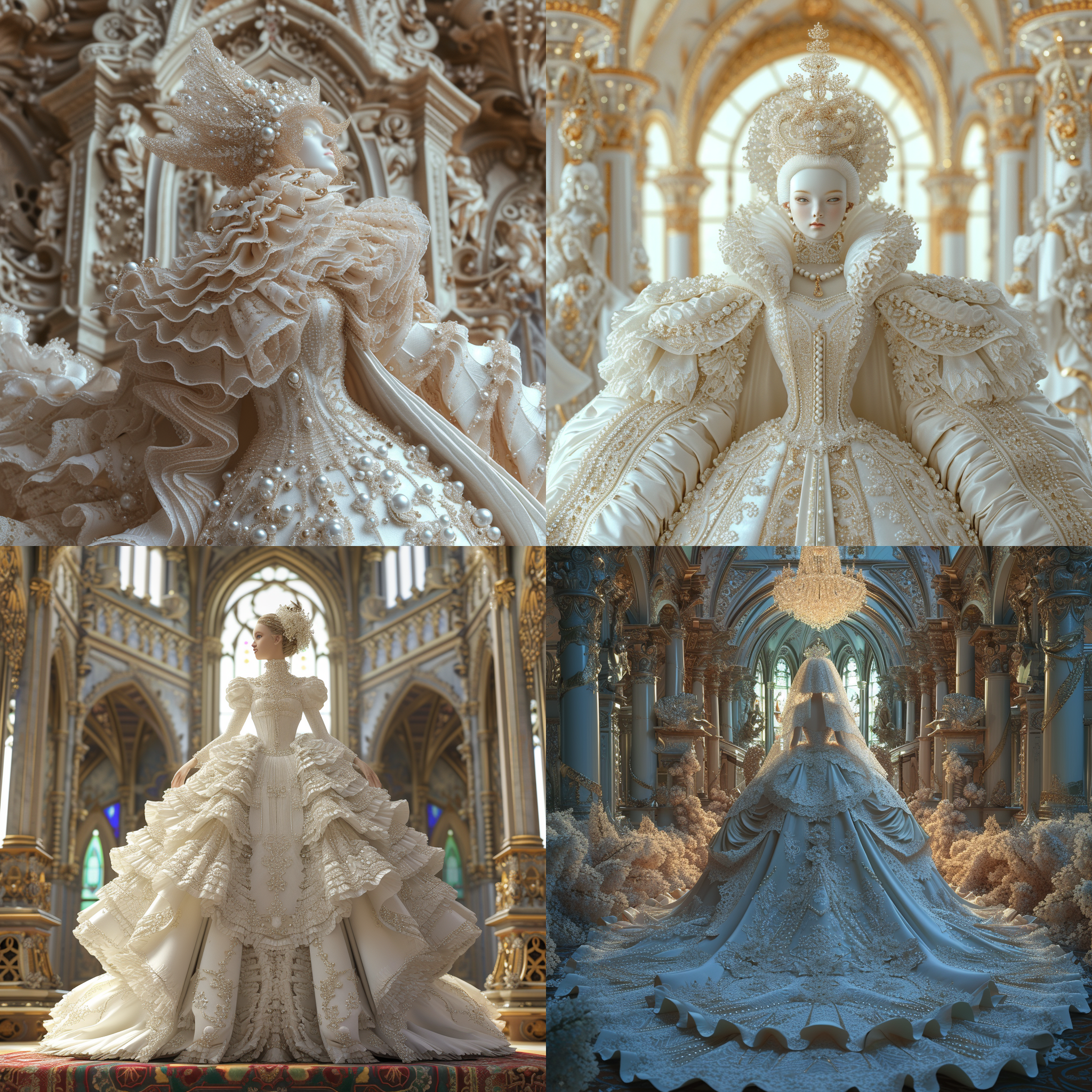 prompt. 女王穿珍珠婚纱，前中绸缎平整加珍珠覆盖，侧面层层折皱加繁复蕾丝细节逼真，法式刺绣，背景阿萨木大教堂，超现实风格，高清细节，八角场渲染，闪光效果，电影照明，幻想色彩，超细节。9:16比例, 肖像摄影, 大光圈, 高清晰度, 珍珠白色, 非对称构图, 梦幻氛围, 优雅情绪。