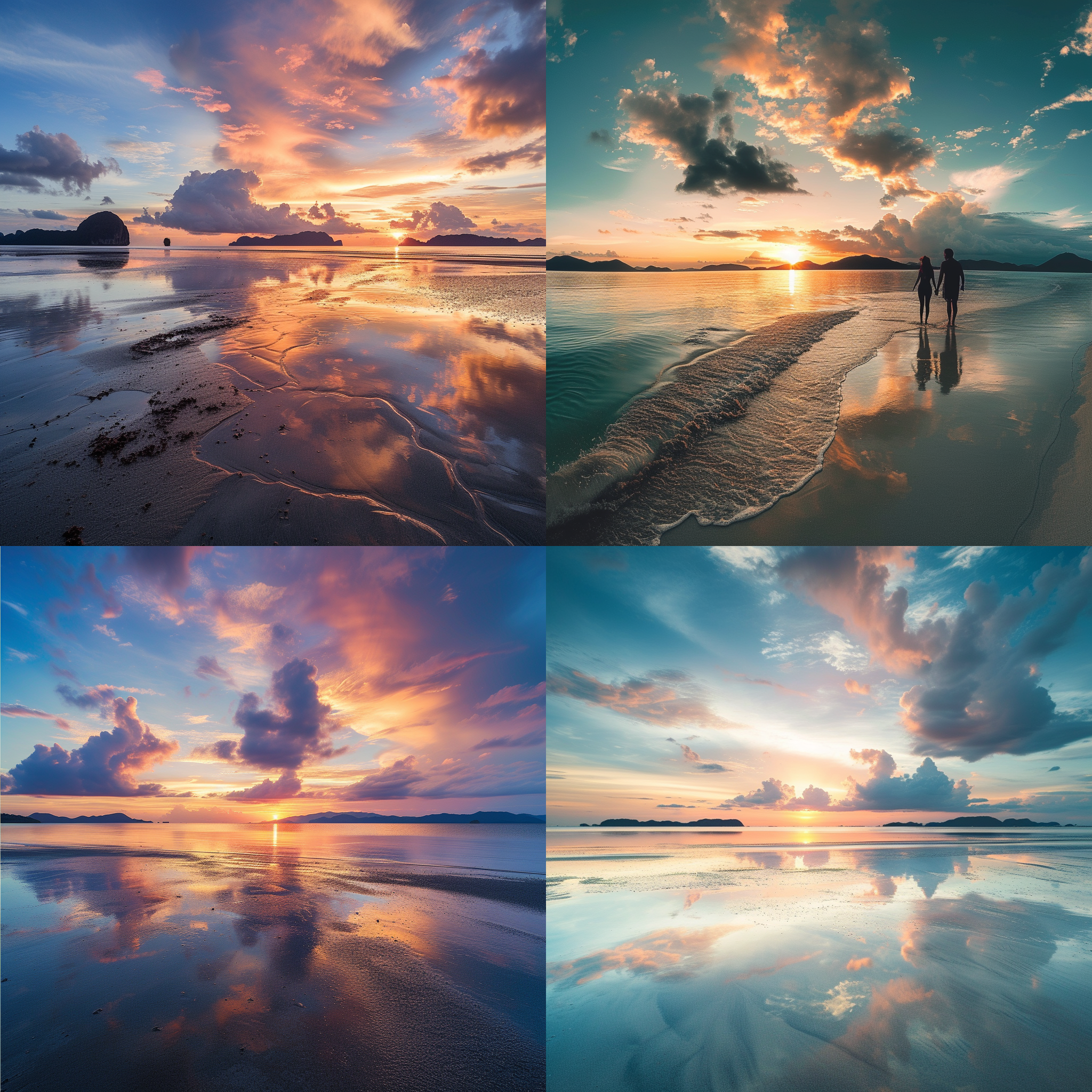 prompt. 横向布局, 广角镜头, 海滩夕阳, 远处岛屿, 云彩, 柔和光线, 温暖色调, 宁静放松, 大自然壮丽, 人与自然和谐。