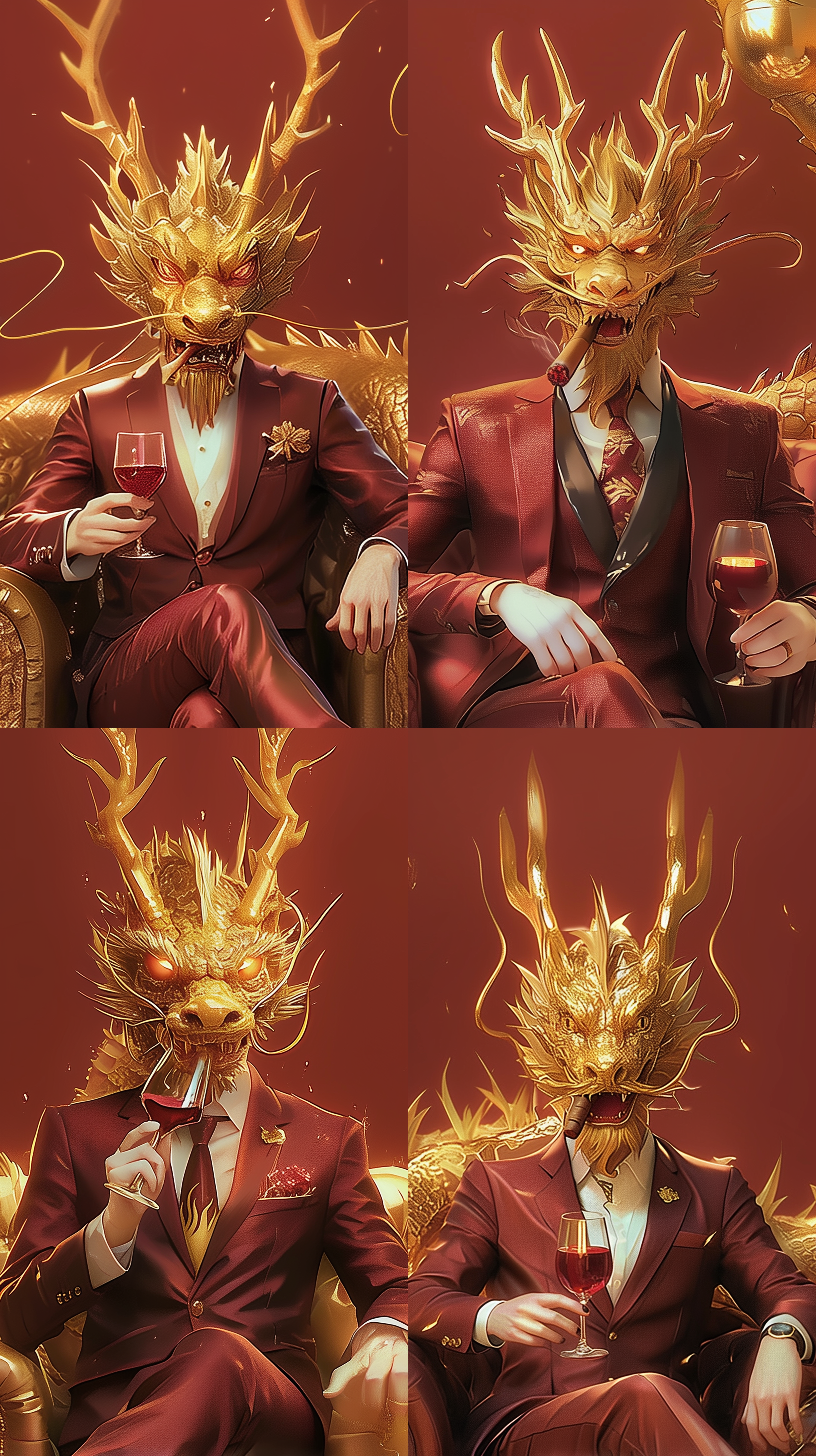 金色龙头，威武霸气，微笑，嘴叼雪茄，西装革履，坐姿，豪华沙发，手持红酒杯，新年背景，背景虚化，大光圈，浅景深，光影斑驳，神秘，壮丽，奢华，霸气坐姿，庆祝氛围，卡通风格，3d渲染