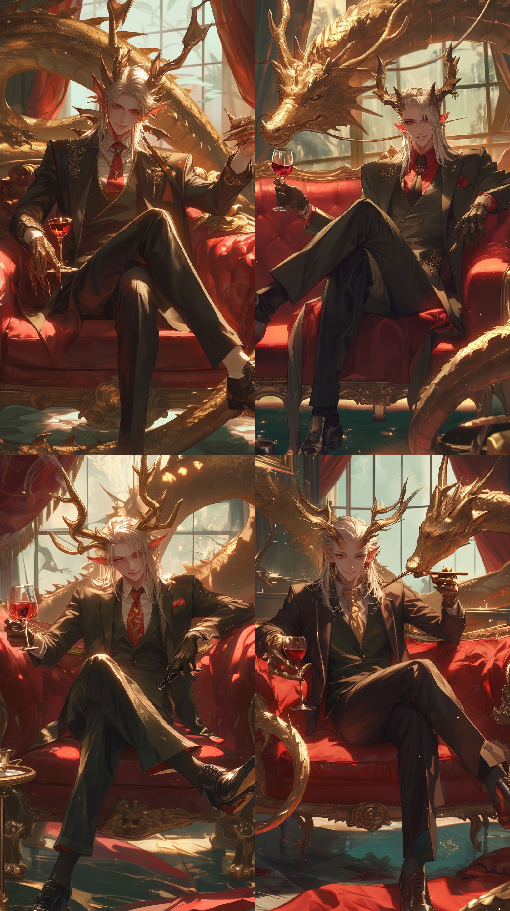 英俊帅哥，头长龙角，威武霸气，微笑，嘴叼雪茄，西装革履，坐姿，豪华沙发，手持红酒杯，双手覆盖龙鳞，新年背景，背景虚化，大光圈，浅景深，光影斑驳，神秘，壮丽，奢华，霸气坐姿，庆祝氛围，卡通风格，3d渲染