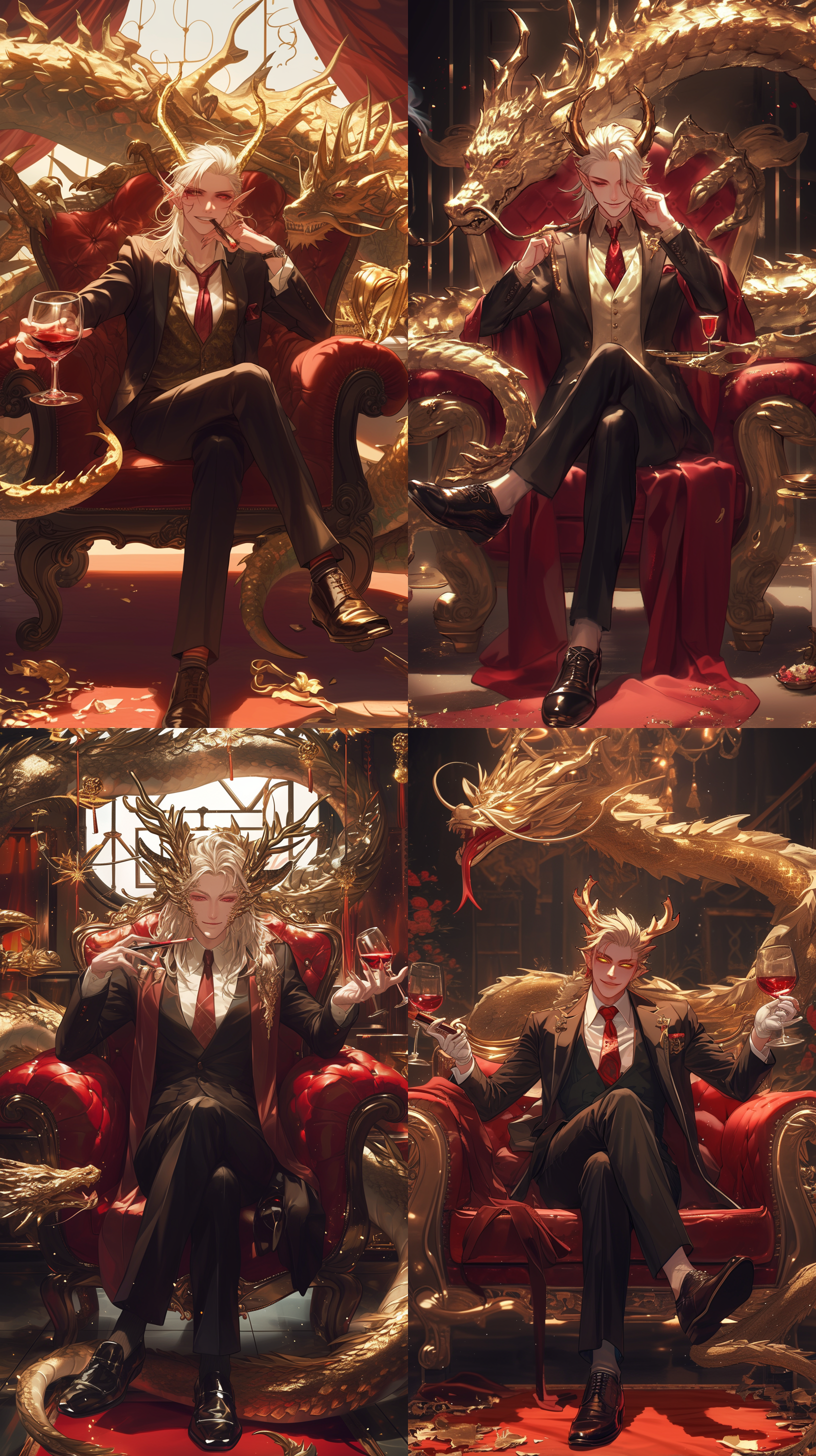 英俊帅哥，头长龙角，威武霸气，微笑，嘴叼雪茄，西装革履，坐姿，豪华沙发，手持红酒杯，双手覆盖龙鳞，新年背景，背景虚化，大光圈，浅景深，光影斑驳，神秘，壮丽，奢华，霸气坐姿，庆祝氛围，卡通风格，3d渲染