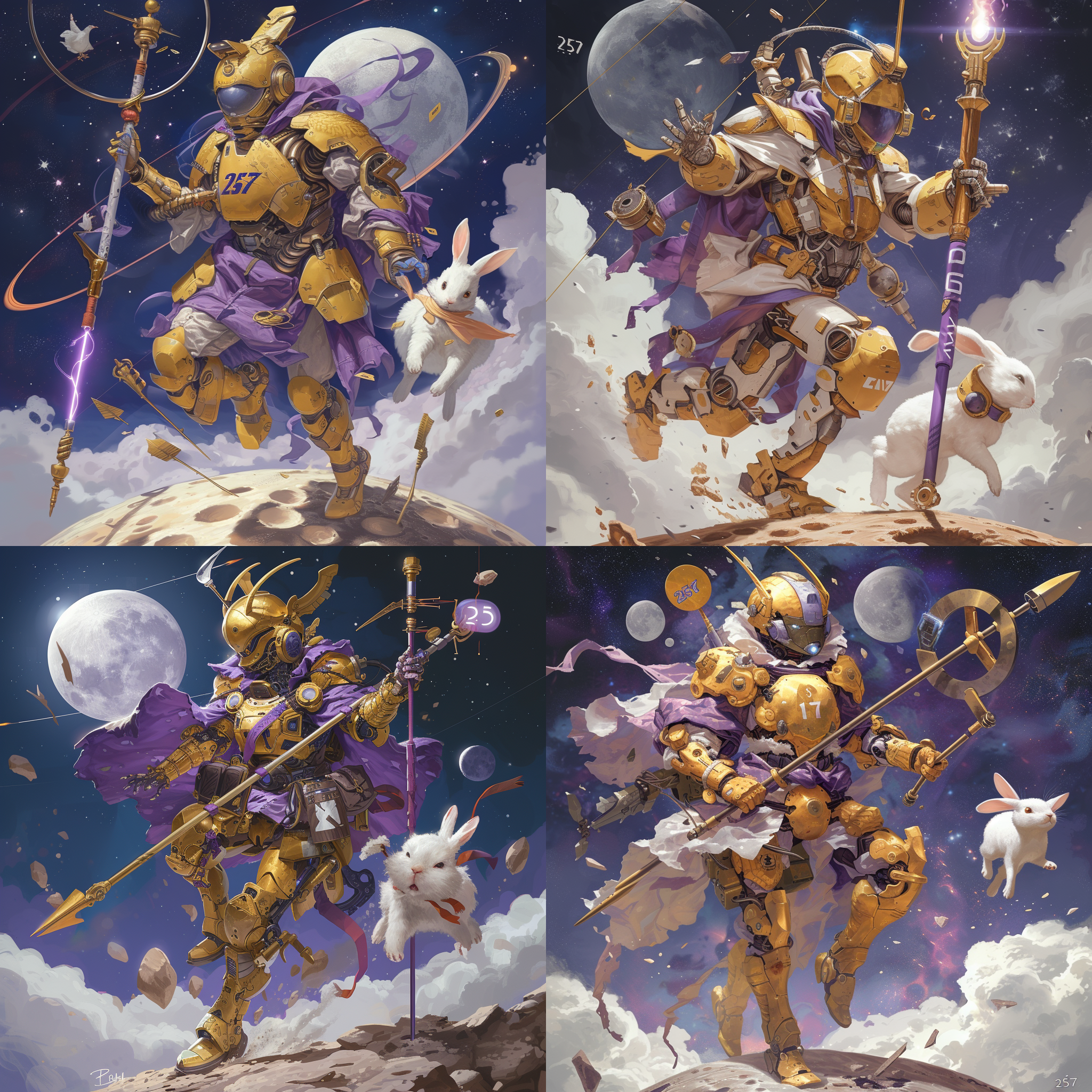 机甲男神，上臂有“257”的数字纹身，金盔金甲，手中拿着紫金长矛，脚踩风火轮。在月亮上飞奔，追赶一只白色的兔子。