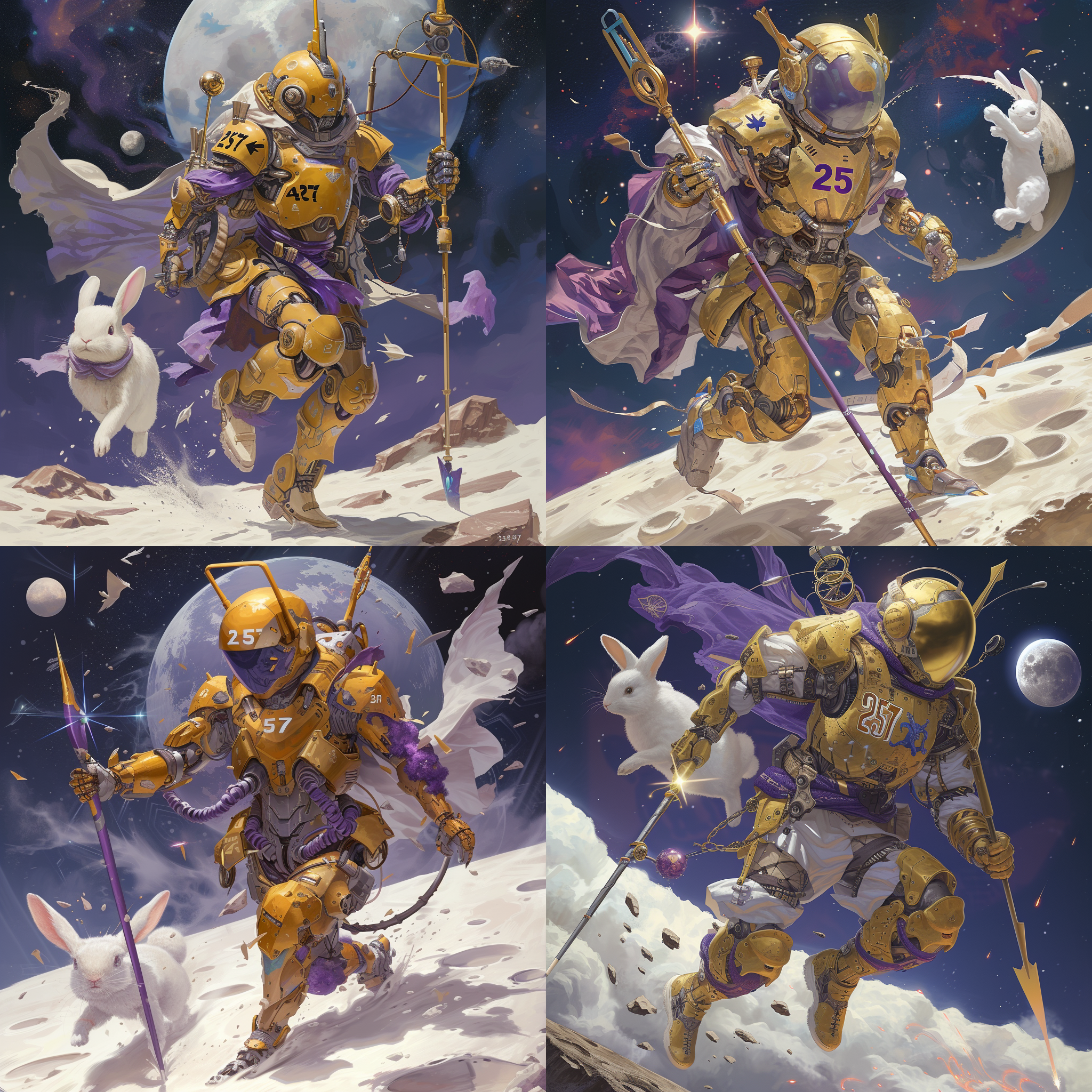 机甲男神，上臂有“257”的数字纹身，金盔金甲，手中拿着紫金长矛，脚踩风火轮。在月亮上飞奔，追赶一只白色的兔子。