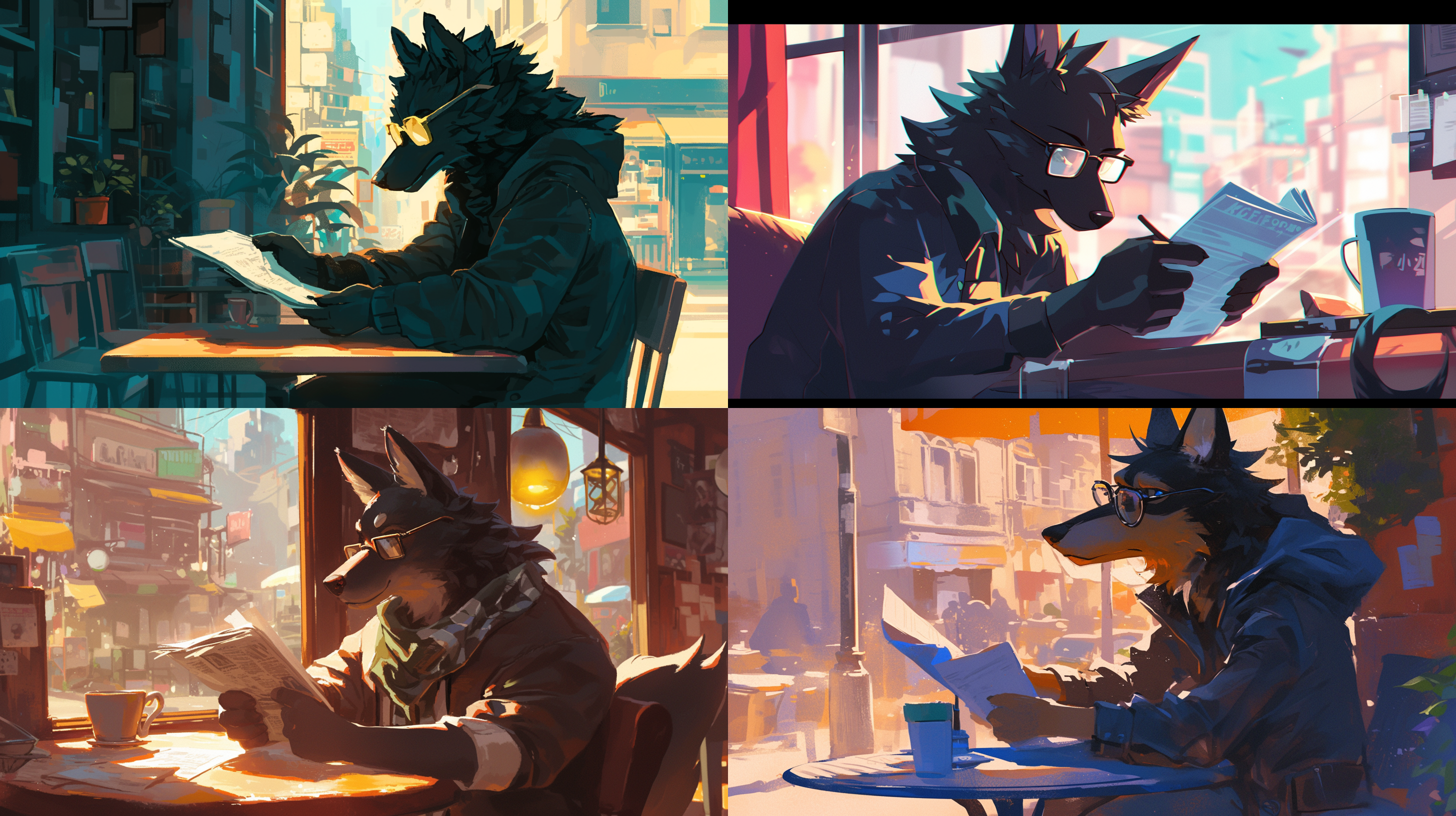 阳光明媚，城市街道旁，黑色大狼狗furry戴着眼镜坐在咖啡桌旁看报纸 动画艺术