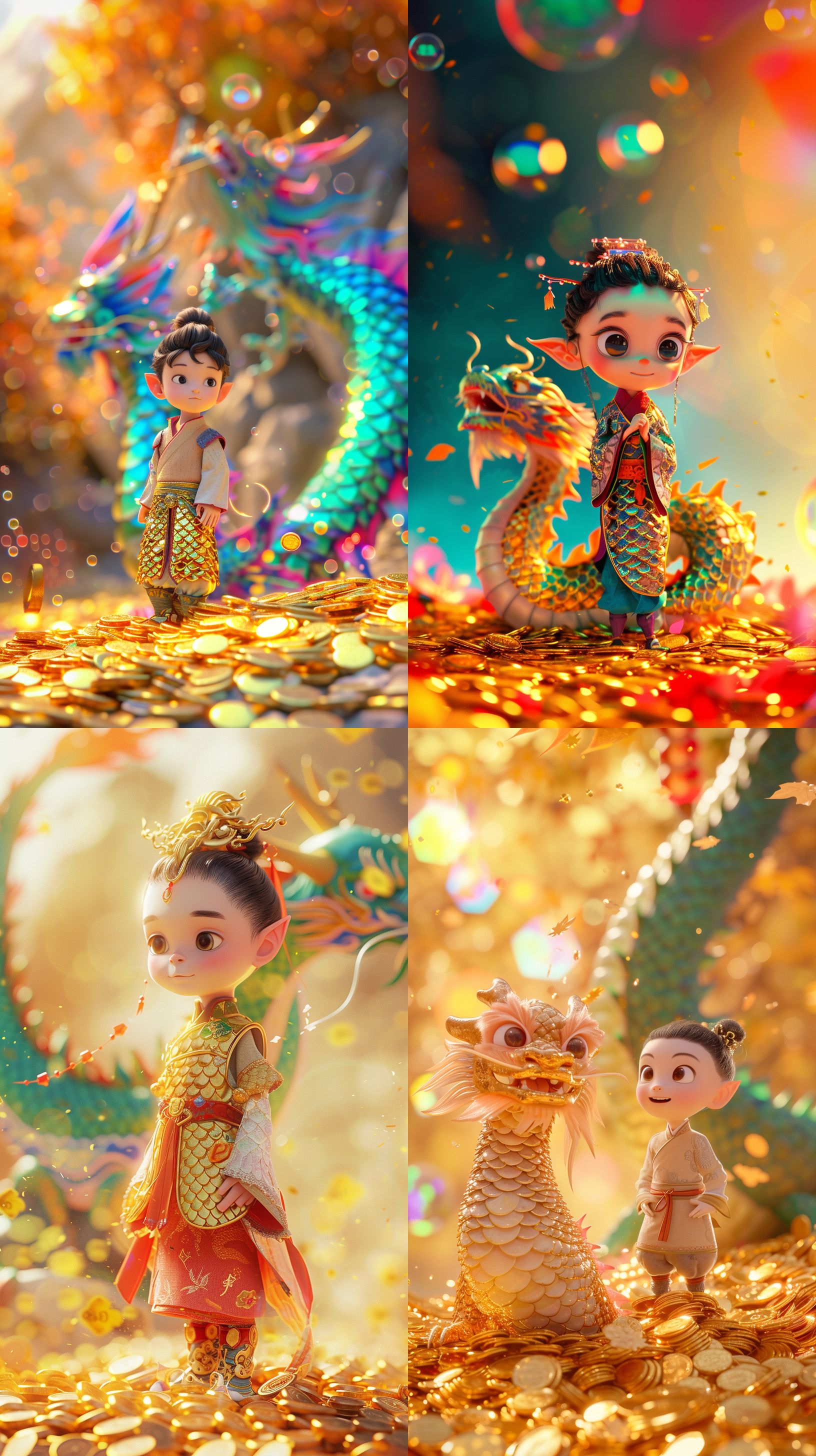 prompt. 精灵男孩穿着龙鳞裙站在金币堆上，背景是彩虹色的中国龙，春节。汉服，梦幻，可爱艺术风格，电影灯光，体积光，柔和高级色彩，pixar风格，泡泡质感，3d，c4d，blender，写实风格，电影灯光，超高清，细节丰富，调色，32k.