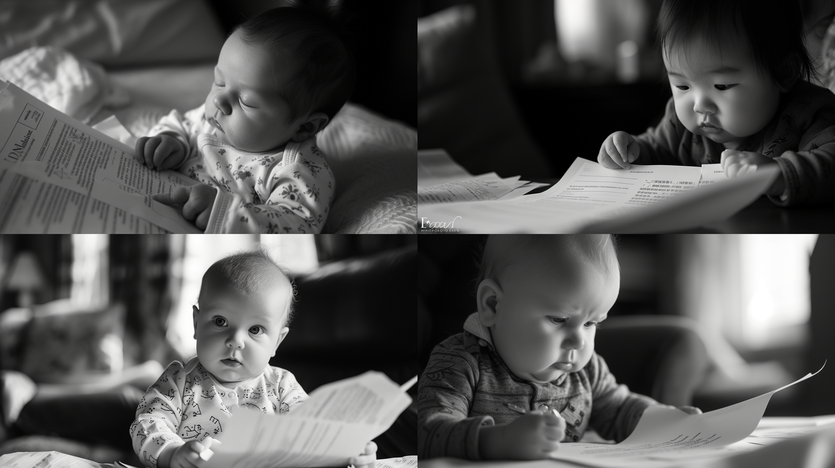 prompt. 初生婴儿签署文件，对角线构图，柔和光线，室内环境，近景，黑白色调，睡衣，表情认真，慎重。