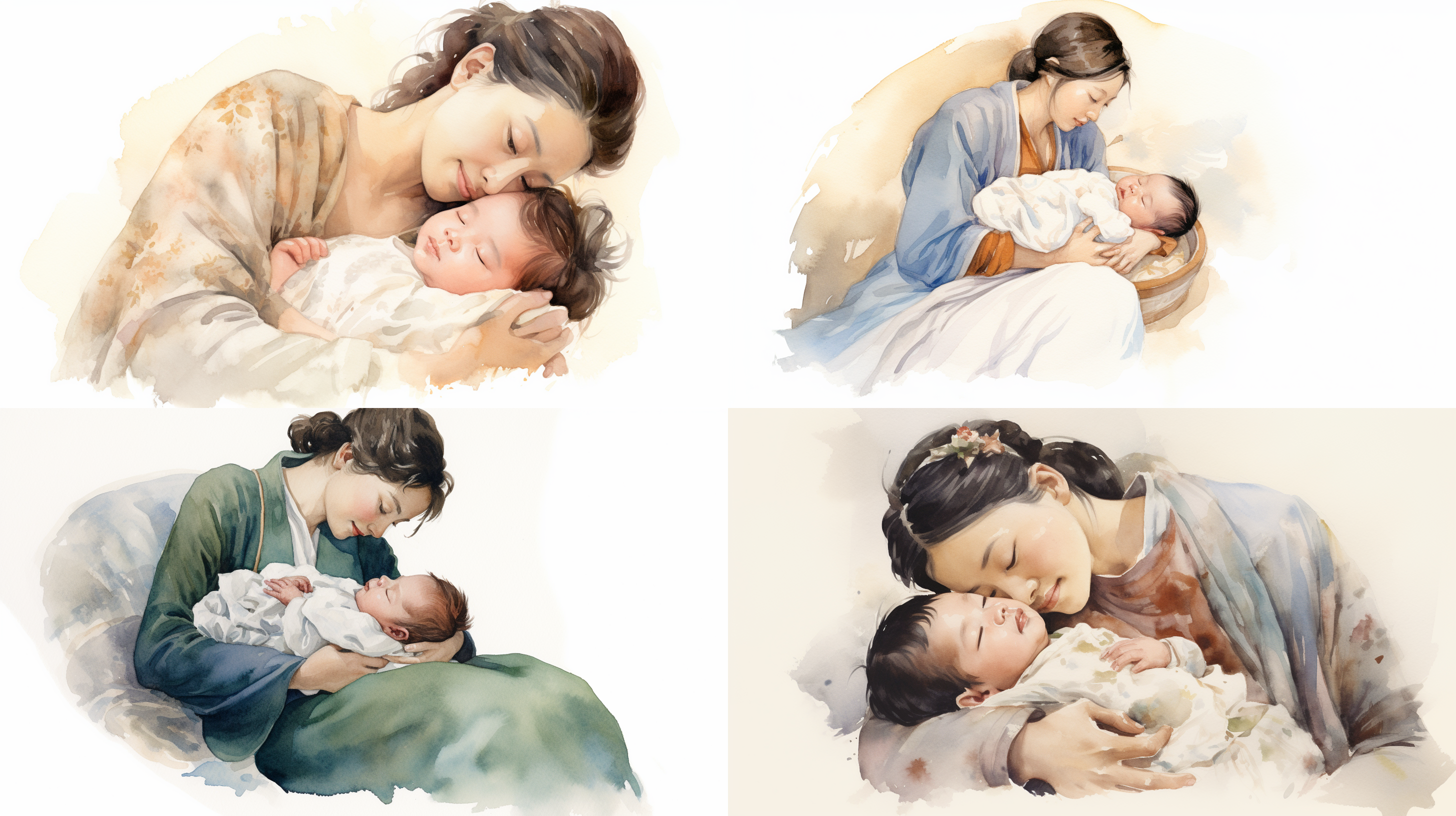 水彩，一个中国妈妈抱着初生婴儿在怀里，妈妈微笑的看着怀里的初生婴儿，初生婴儿在熟睡，白色背景，线条简约流畅，贝娅特丽克丝·波特风格