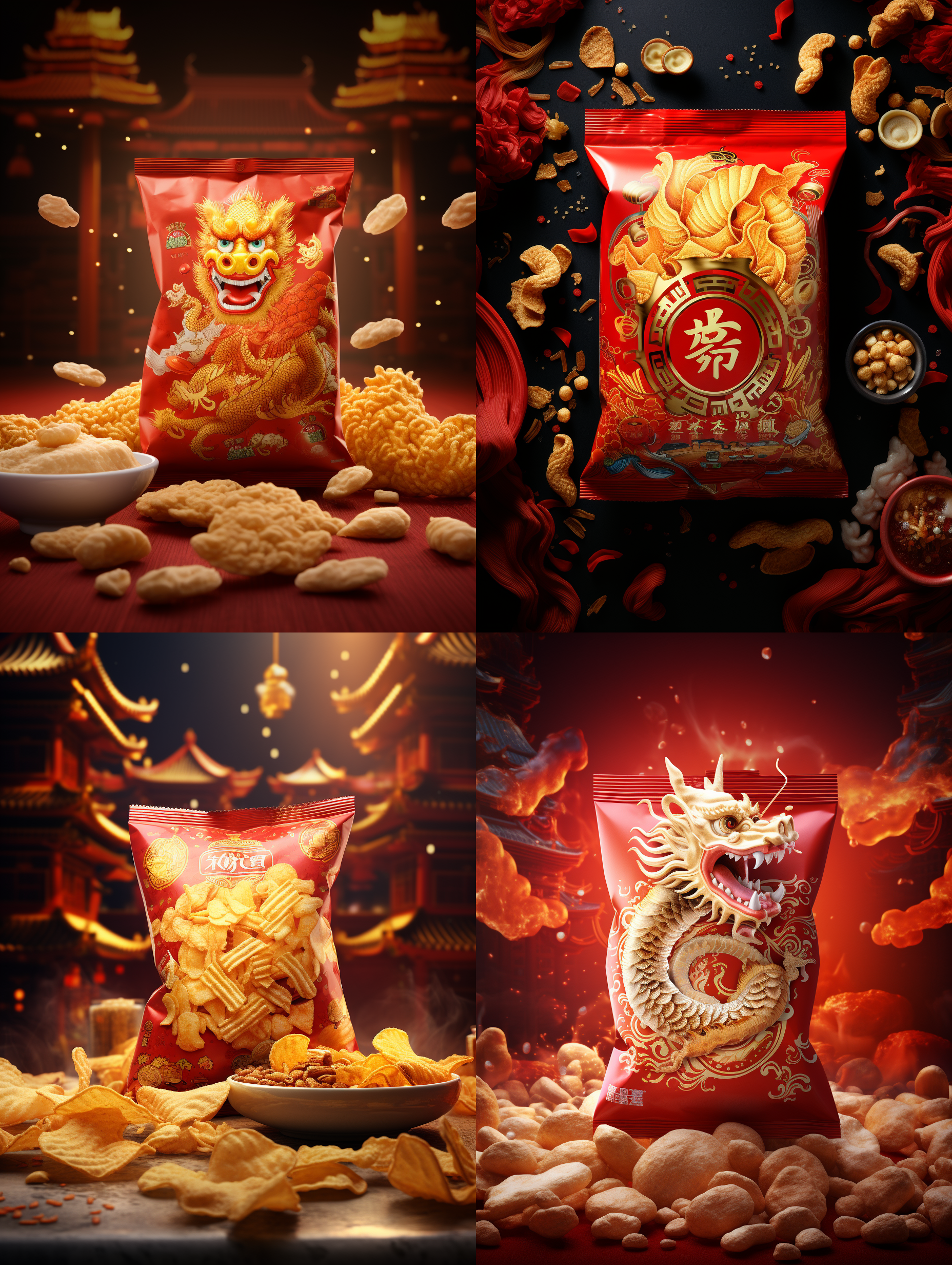 一个造型独特的薯片零食包装袋，大胆的想象，淡金色与红色主色调，国潮风格,梦幻般的插画，卡通龙元素，铝膜材质,高细节,产品摄影，影棚光照，中国新年氛围