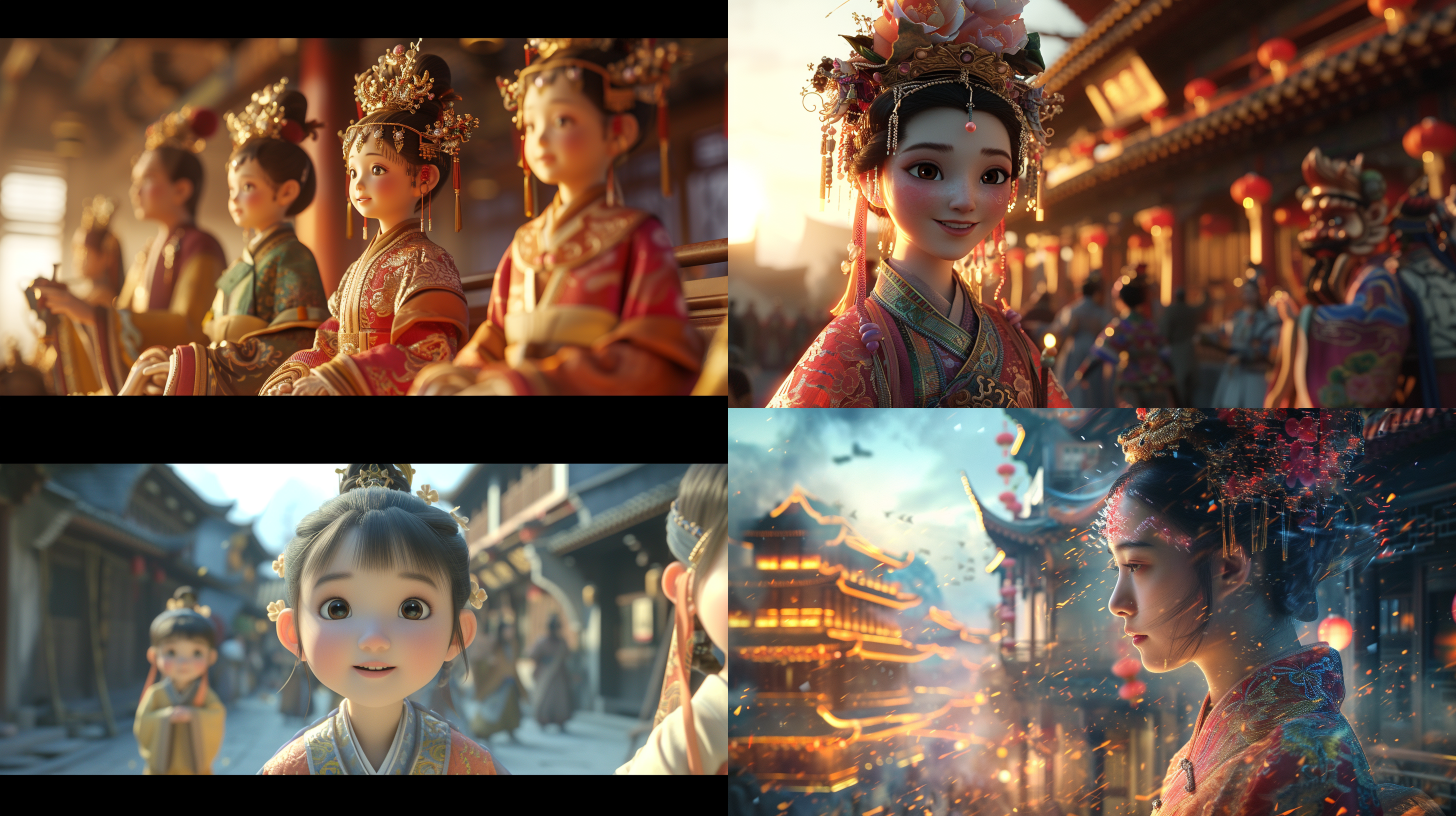 人工智能数字生命，超炫酷的蓝光系列高清摄影作品。画面中展现了模拟中国人形状的数字人物，身穿传统服饰，面带微笑。构图采用对角线布局，配合高对比度和暖色调，突出主题的科技感和神秘感。镜头使用广角镜头，捕捉到周围环境的细节。光线侧光，增强了立体感。整体氛围既有未来感又不失温暖和友好。