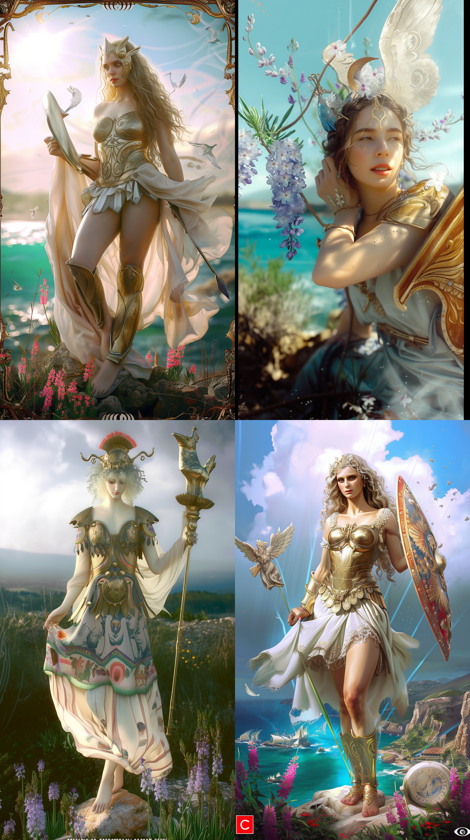 女战神雅典娜，华丽的金色铠甲，油画风格，纪尧姆·塞尼亚克，抱着风信子花园，纯粹的希腊风格的衣服，柔和的平静和柔和的色彩，体积照明，阳光，疯狂的细节，超现实主义