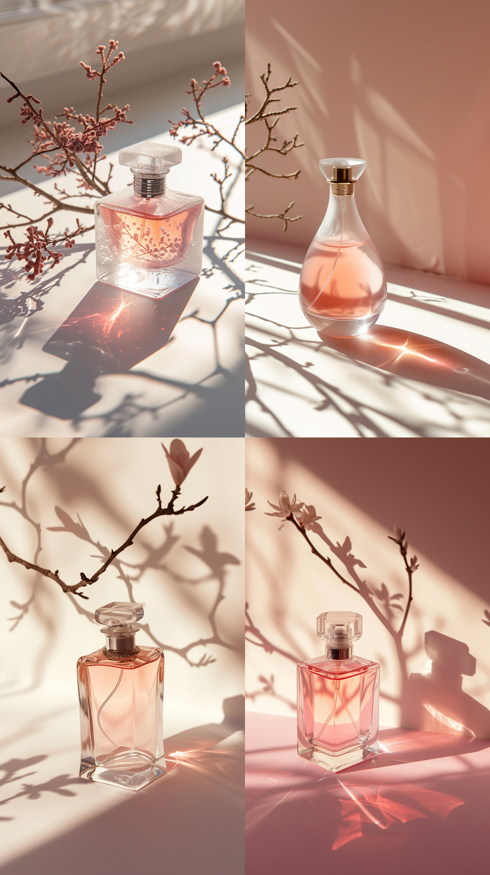 prompt. 粉色香水瓶，白色磨砂瓶，侧面拍摄，柔和光线，树枝影子，暖色调，细节清晰，静态，优雅，芬芳。