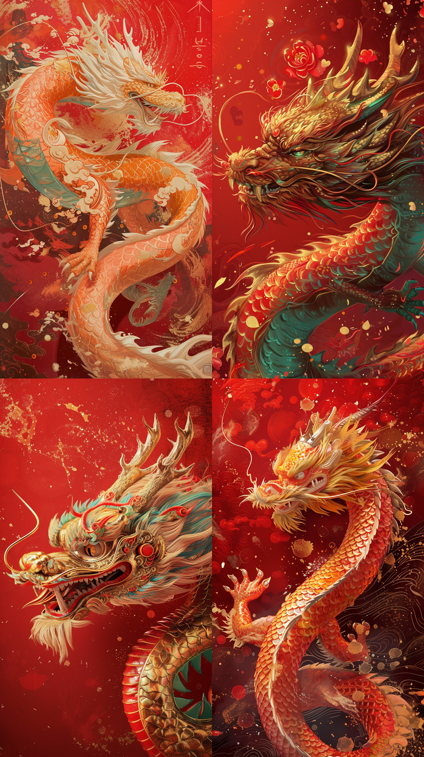 prompt. 2024年新年中国龙壁纸, greg olsen风格, 明亮的红色和金色, 红色背景, dmitry spiros, anna和elena barbuso, 大画布格式, cartel核心, 详细背景, 32k分辨率, 450角度, 3:4比例, 动态。