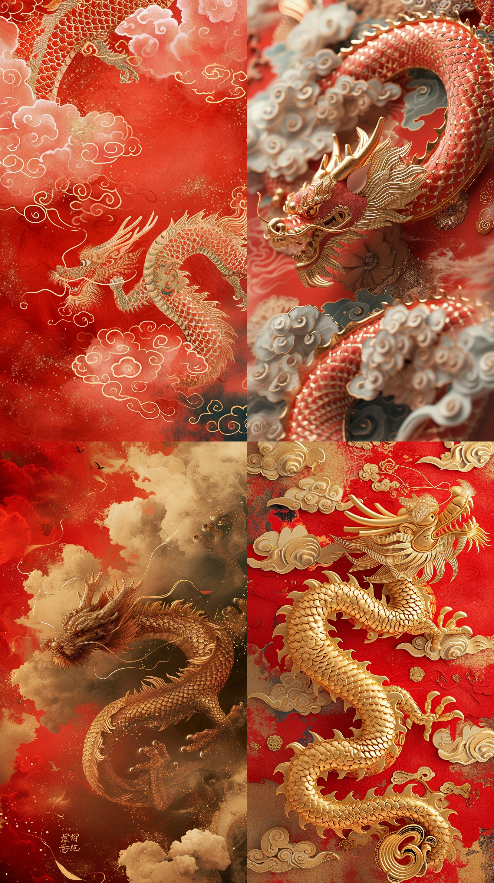 2024新年中国龙壁纸，greg olsen风格，明亮的红色和金色，红色镀金吉祥云背景，dmitry spiros，anna和elena barbuso，大画布格式，核心海报，详细的吉祥云背景，梦幻的云细节，莱卡镜头，数码渲染，32k-s 450-ar 3:4-niji 6。