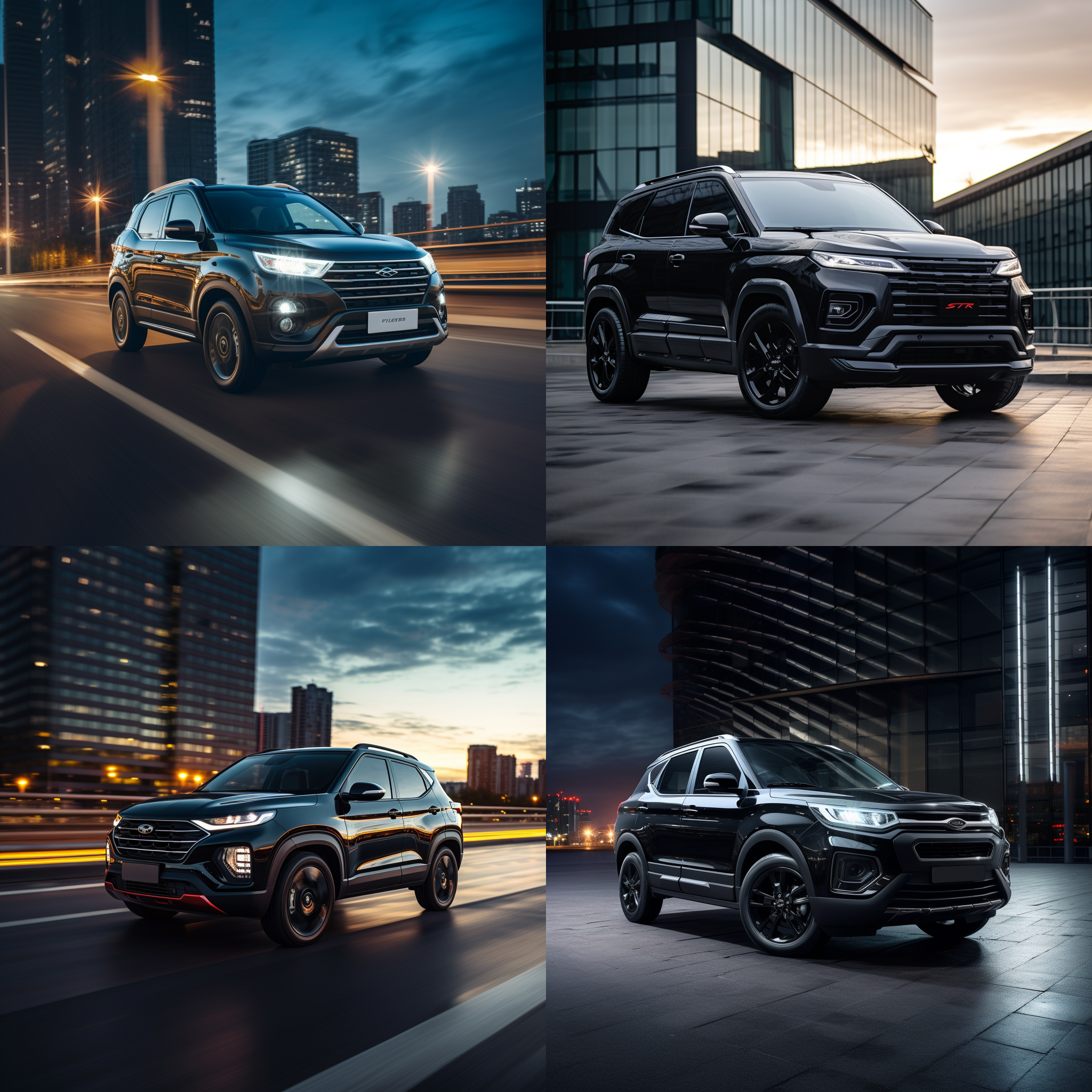 奇瑞瑞虎9，流畅线条，全新车标，黑色车身，现代风格，城市背景，宽角镜头，逆光，动态驾驶，运动感，自信。