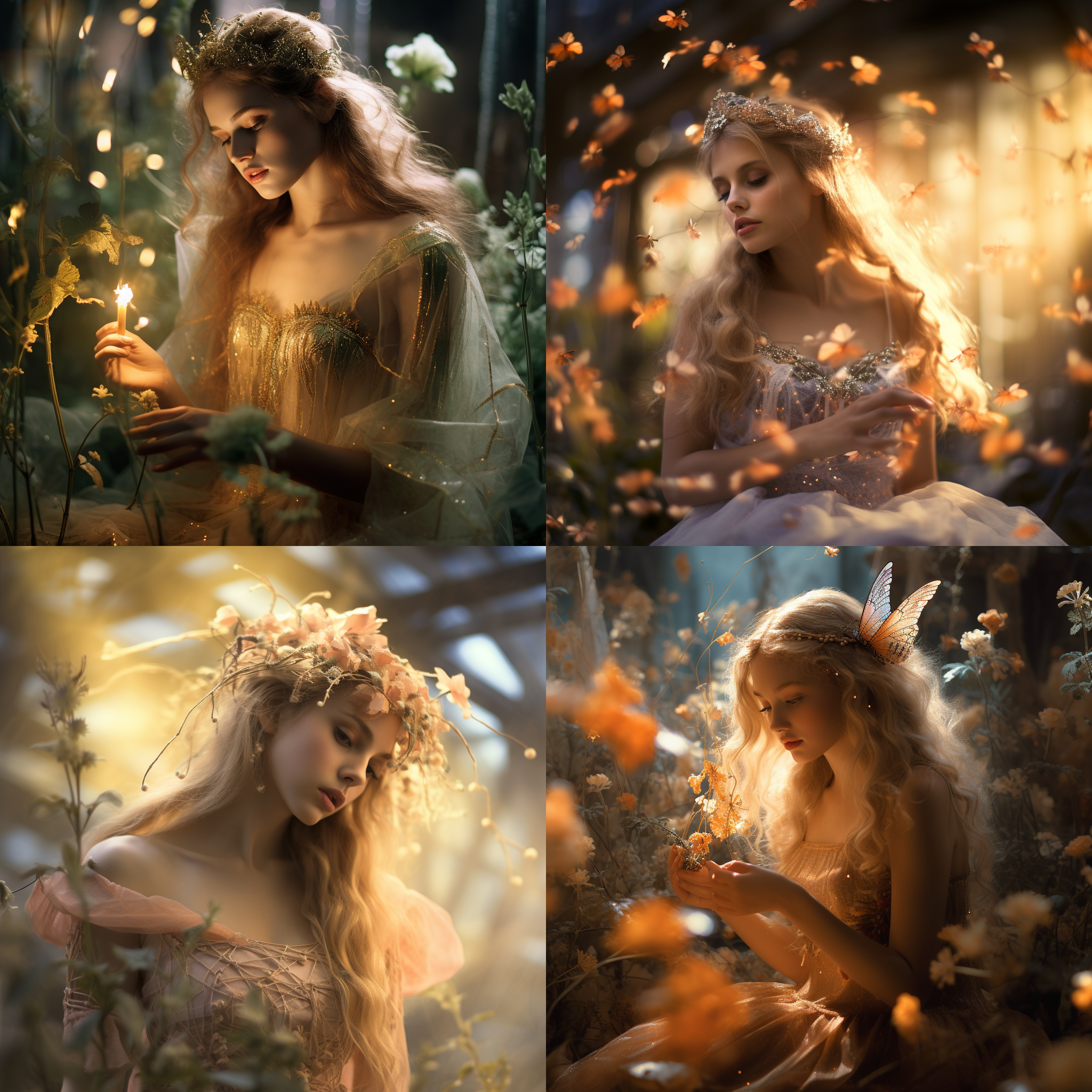 空灵仙子, 仙境花园, 竖屏构图, 光点环绕, 柔焦镜头, 梦幻氛围, 柔和风格, 细腻画面, 温馨色调, 神秘情感。