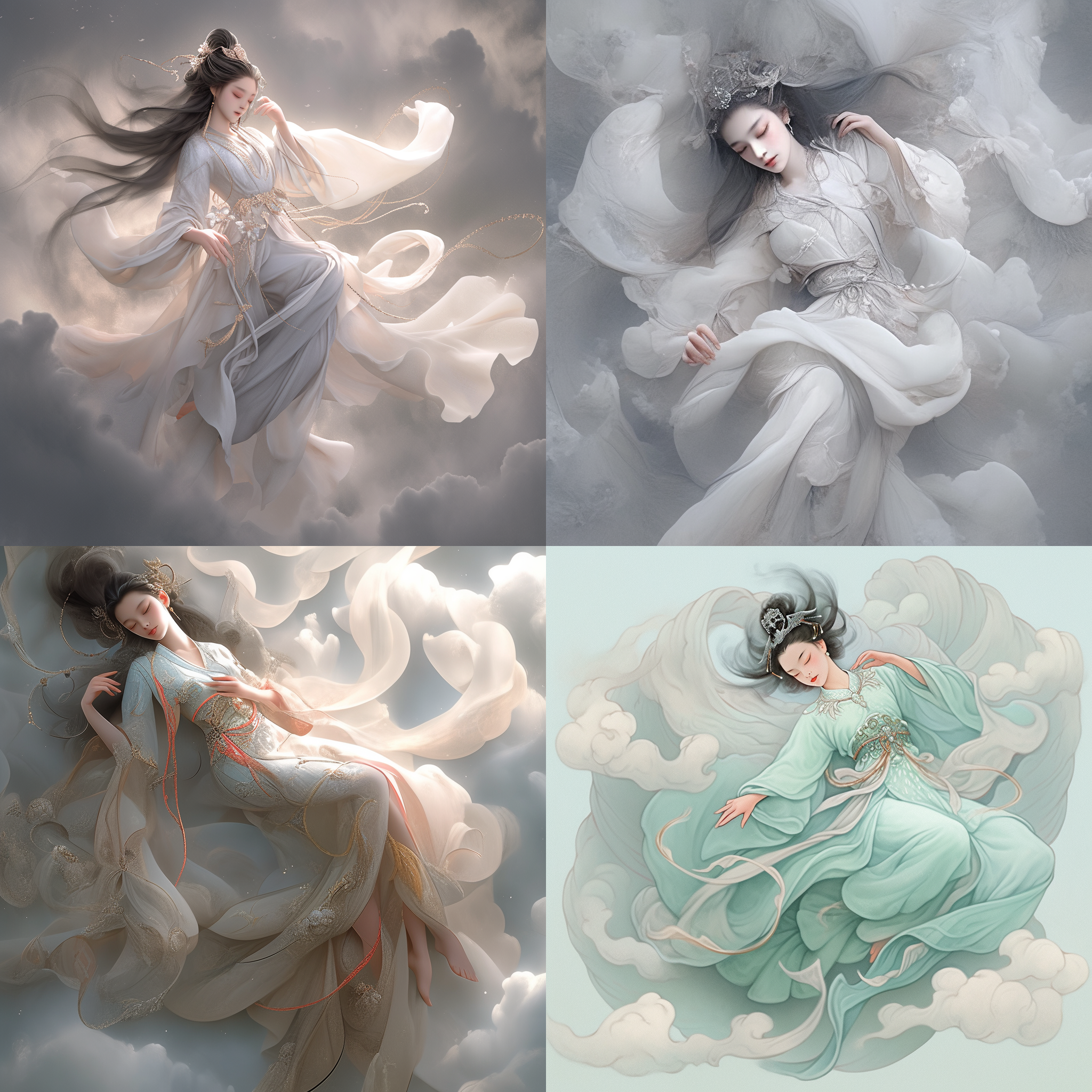 a fair skinned chinese goddess floating in mid air, immersed in deep meditation. she took a meditative posture, crossed her feet, and gently closed her eyes, conveying a sense of tranquility and spirituality. the unique hair accessories highlight her traditional hairstyle and add to her sacred appearance. the air around her was filled with a clear sense of magic and fantasy, as if she had transcended the boundaries of the secular world. lotus, dall · e 3-ar 1:1