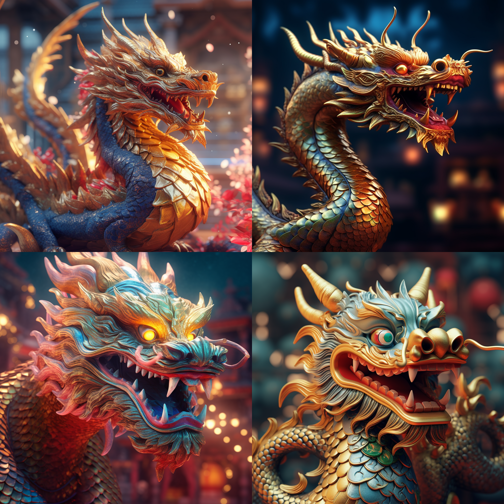 中国风龙，新年气氛，高清质感，无翅膀，立体感强，气势恢宏，高质量3d，金色鳞片，红色眼睛，虚化背景，细节丰富，神秘色调。