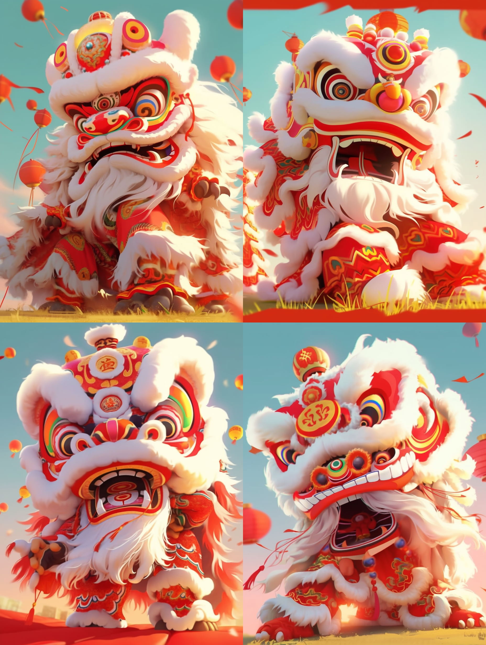 卡通风格，没有牙的醒狮，站在草原上，夸张表情，夸张动作，生动色彩，细节丰富，逆光拍摄，长焦镜头，活泼，幽默。