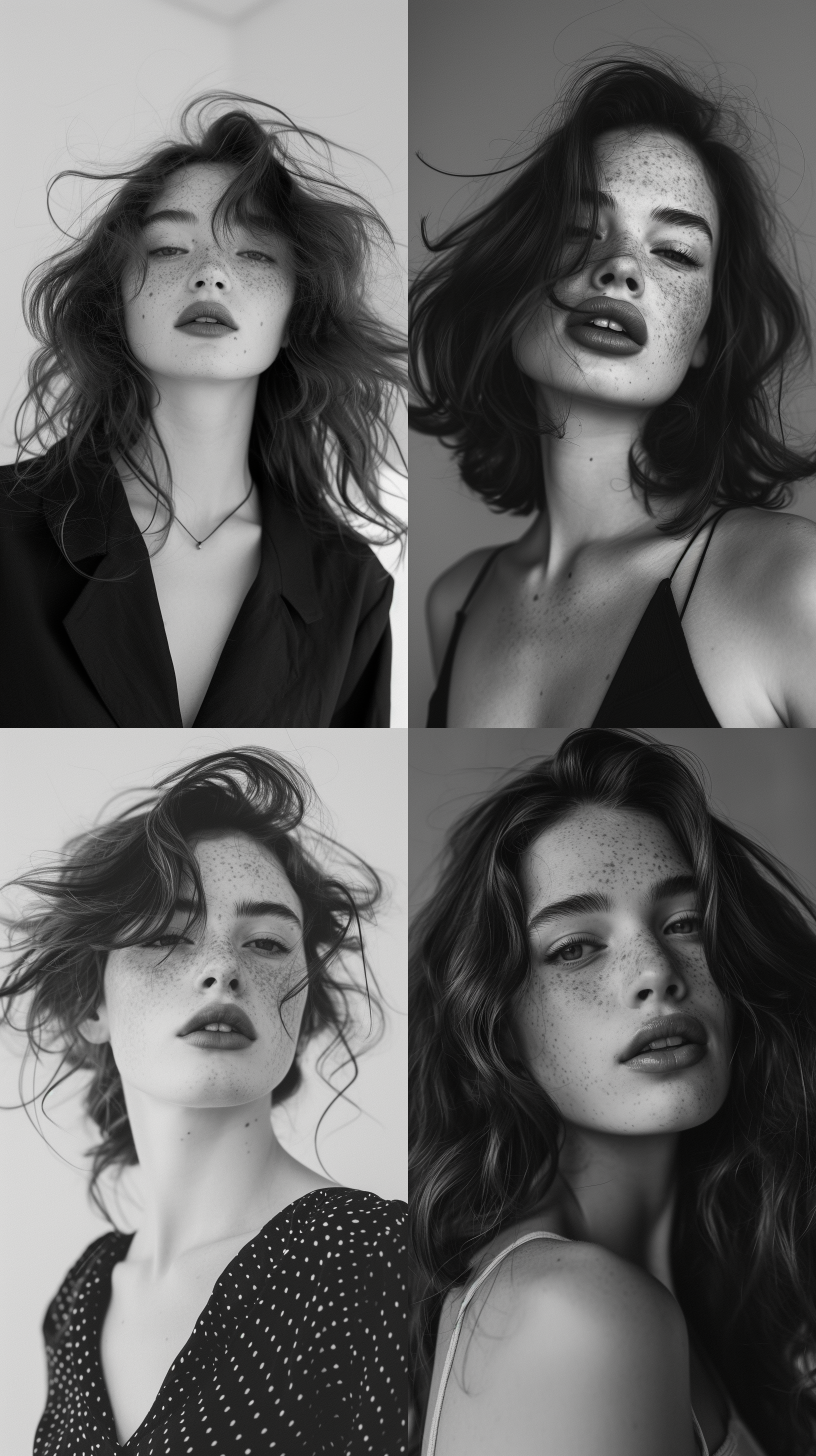 模特穿着一件欧美风格的时尚衣服，站在一个简约的室内背景前。她有一张可爱的脸庞，雀斑点缀其间，黑白色调突出了她厚嘴唇的魅力。她的棕色波浪头发在微风中飘动，给整个画面增添了一丝动感。这张照片充满了时尚感和自然美，让人不禁产生对她的好奇和想要了解更多的欲望。 欧美风格，黑白色调，模特照，雀斑，厚嘴唇，棕色波浪头发，时尚衣服，简约室内背景，自然美，动感