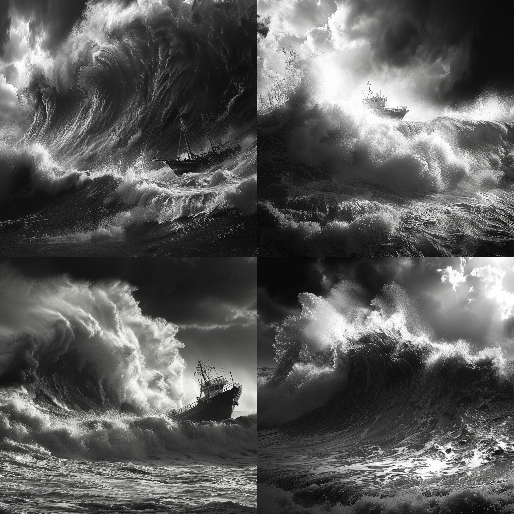 prompt. 巨浪翻滚，海啸来袭，黑白风格，船在波涛中，开阔海面，极限远景，水花四溅，逆光拍摄，动感，危机感。
