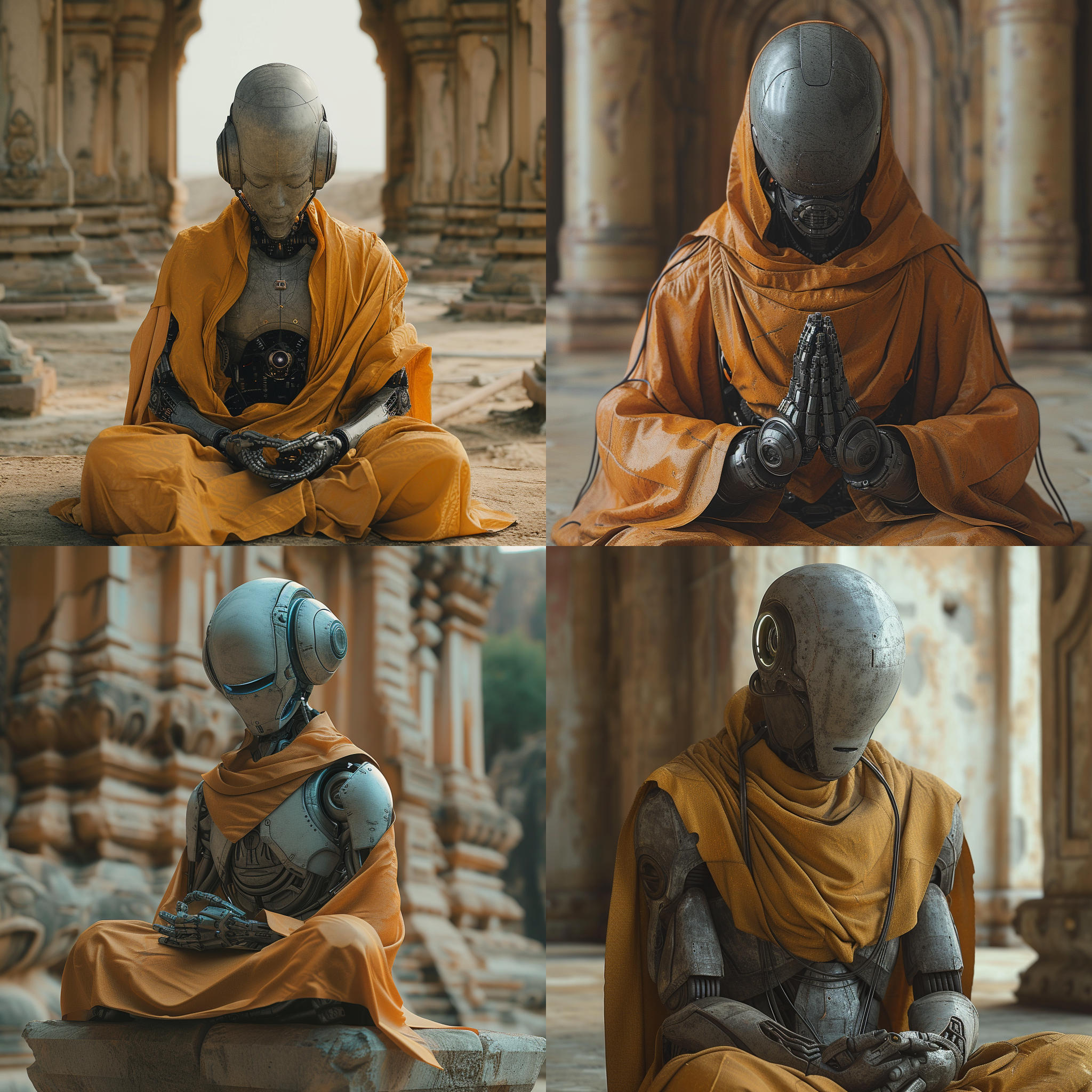 prompt. 机器人当和尚，庙宇内，古朴建筑，和尚袈裟，机械面孔，安静祥和，金色光芒，宗教氛围，端庄表情，金色调，长焦镜头，静态，虔诚。