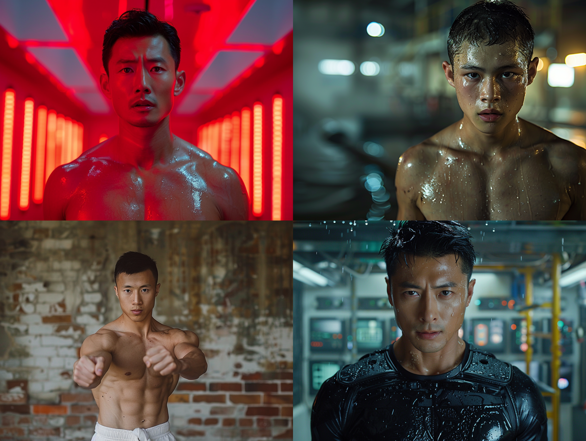 中国男性，肌肉线条凸显，近景特写，运动风格，广角镜头, 明亮照明，动作凝固，自信。