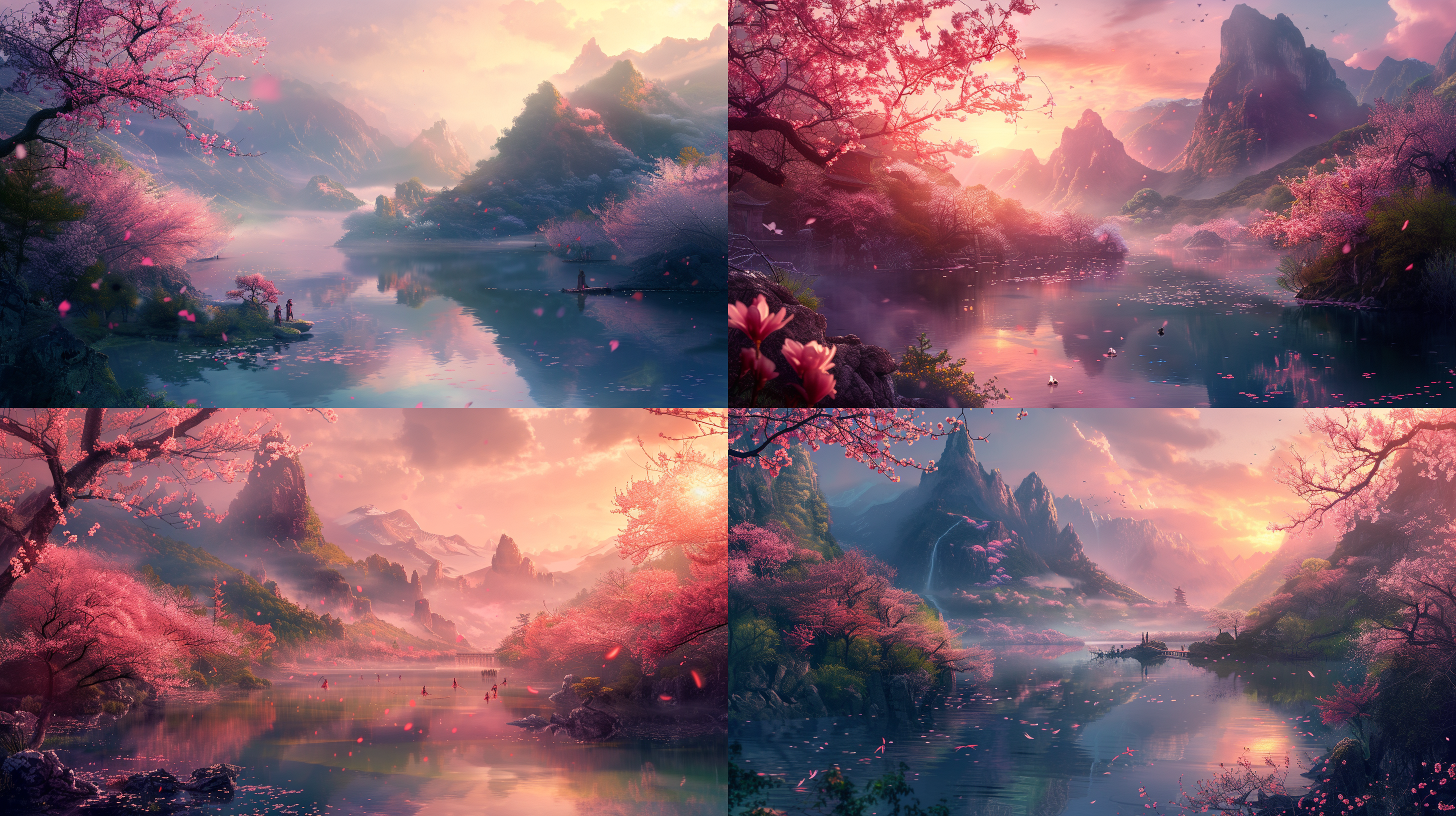 prompt. 古风大场景，山水相映，树木繁茂，青山绿水，梦幻风格，粉色系，古人行走，宏伟壮丽，细节丰富，暖色调，逆光，中焦镜头，静态，优雅。