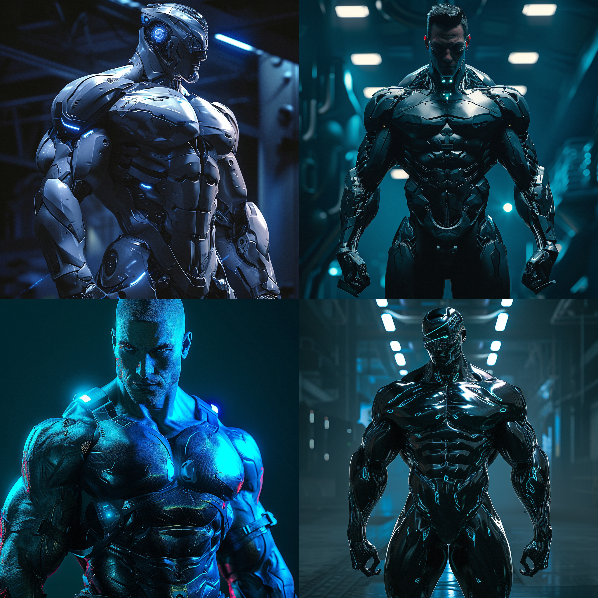 prompt. 机甲肌肉帅哥，肌肉线条紧绷有力，广角镜头，光线明艳, 动作英勇, 金属质感, 高饱和度, 强烈对比, 硬朗外表, 蓝色调, 自信表情。