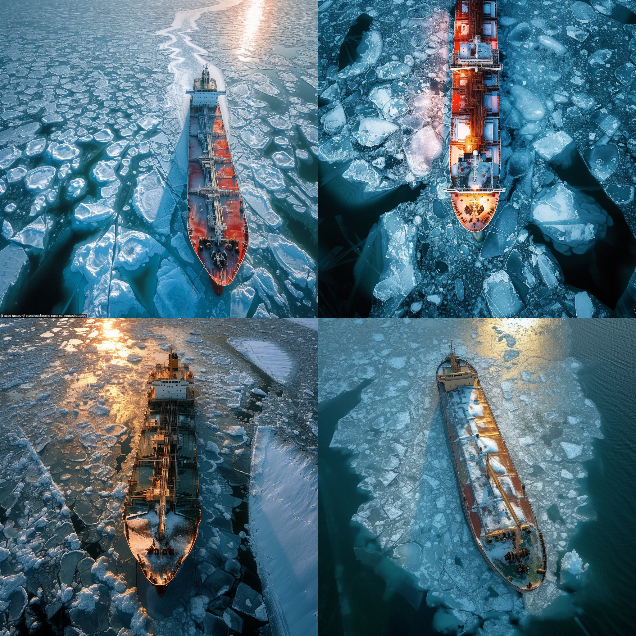巨大货轮被冻上了大海结冰的壮观景象。在寒冷的冬天，整个海面都被厚厚的冰层所覆盖，货轮被冻结在冰上，形成了一个震撼人心的画面。照片采用鸟瞰角度，货轮的庞大和冰的广袤形成对比。冰块上有明亮的反射光，给整个画面增添了一丝神秘感。货轮的外表被冰雪覆盖，呈现出冰冷而坚固的气质。