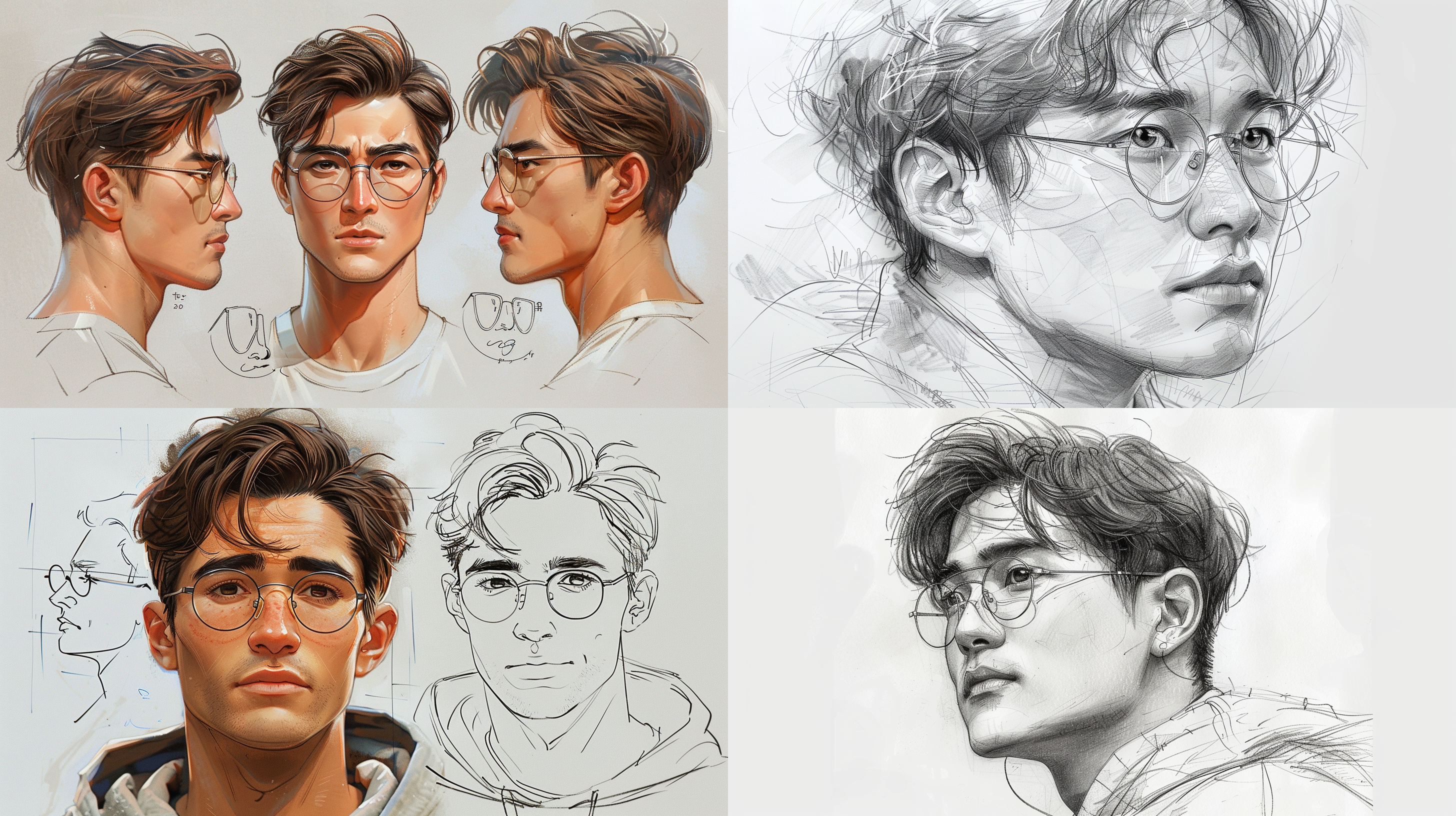 中国男士头像，短发三七分，眼镜，速写
