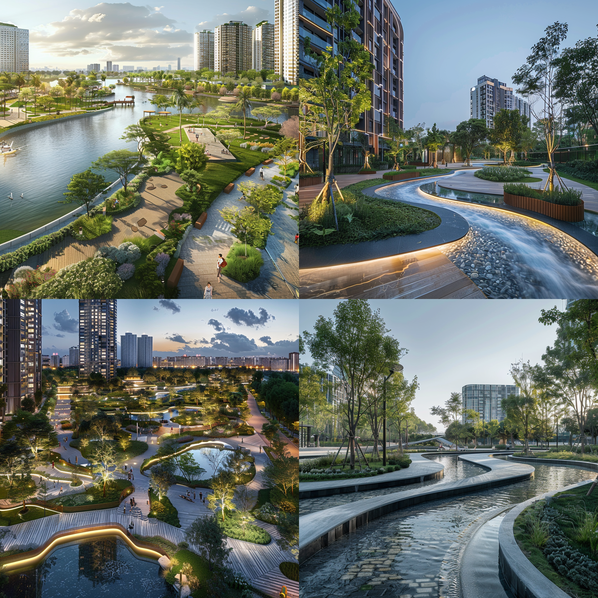 滨水广场设计，弧形河道，简约造型，精巧的绿化，儿童娱乐设施，老人体育休闲设施，广角镜头，自然光线，欢快氛围，生动活泼，明亮色调。