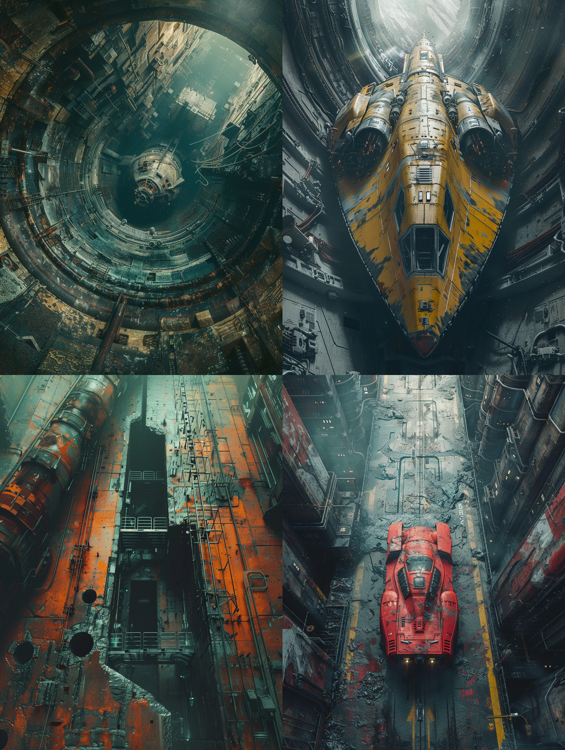 高达，逼真的效果图，mikko lagerstedt，结构对称， 局部解剖 时空隧道 仰视视角 金属漆 腐朽衰败 丁达尔效应 环境光 激光 吕克贝松 库斯图里察