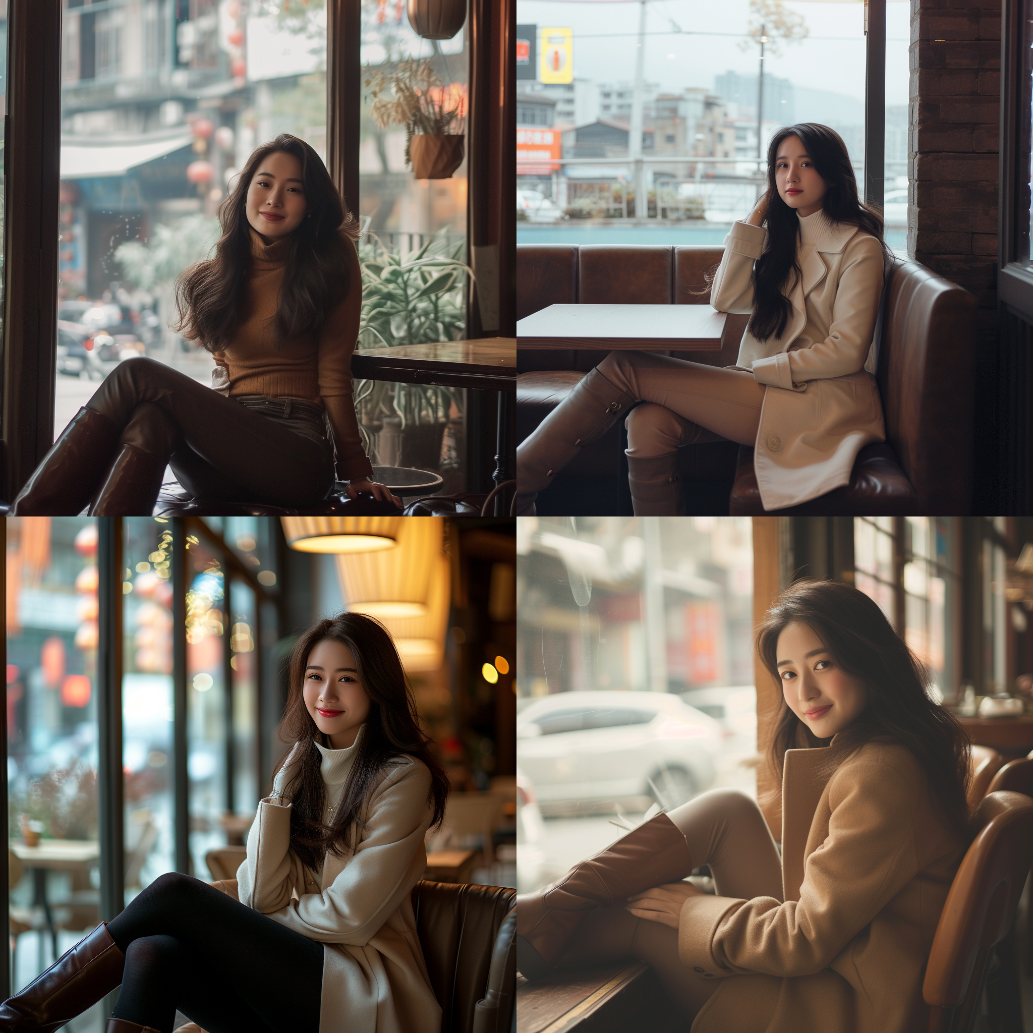 prompt. 中国美女坐在咖啡厅，穿长靴，复古风格，窗外城市景观，暖色调，50毫米定焦镜头，侧光，微笑，优雅。