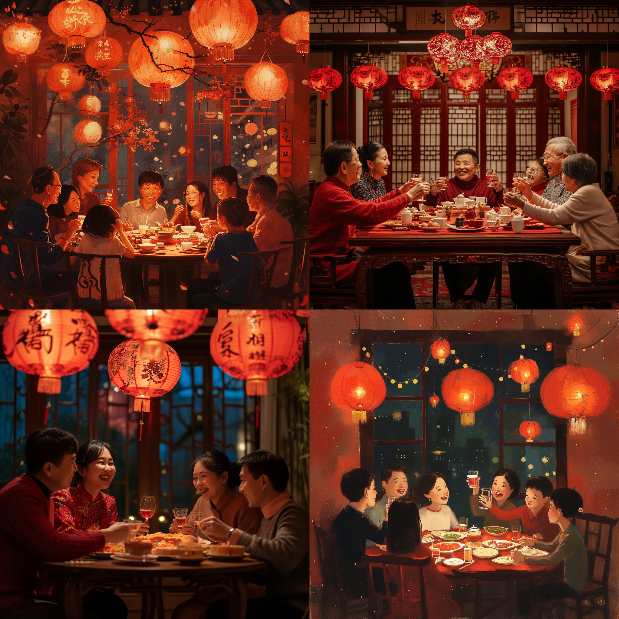 除夕之夜，一家人围坐在餐桌前，桌上摆满了丰盛的年夜饭。红灯笼和贴满春联的窗户照亮了整个房间，喜庆的气氛弥漫。大家面带笑容，举杯祝福，快乐的笑声充斥着空气。年味浓郁的场景，温馨而欢乐。团聚，祥和，喜悦，温暖，红色系，传统元素，舒适感，欢笑。