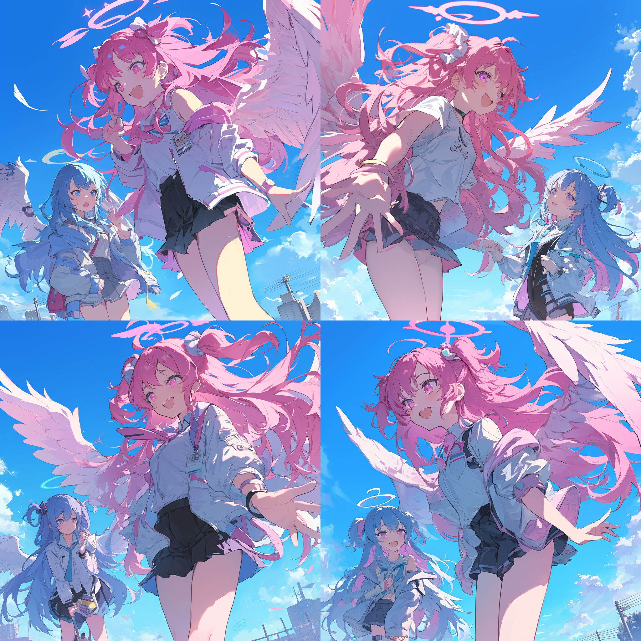 丸子头，齐刘海，粉头发，天使，伪善，粉色瞳孔，粉色天使之翼，粉色短裙，天空，拽着一个青色长发的女孩，动漫