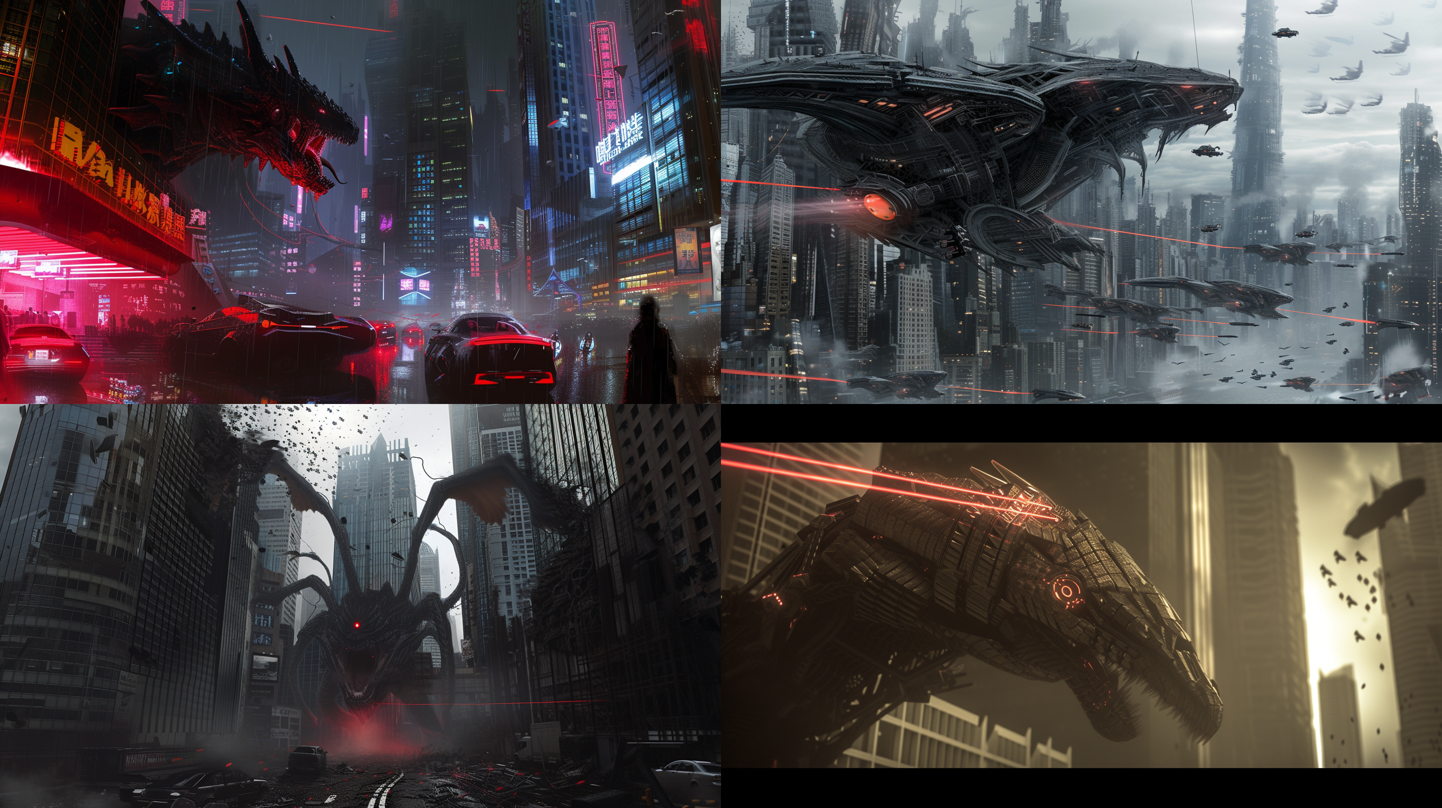 reflecting the influence of the dragon-shaped robot, the pupil emerges red laser, strafing the four sides, the details are complex, the design is avant-garde, high-tech. in the background, several skyscrapers are collapsing, adding to the dramatic tension of the scene. cars and countless civilians were fleeing, and the chaos of the scene was palpable. the image has a high dynamic range of fidelity, focusing on intense light and shadow. 吴宇森 新未来主义 全景