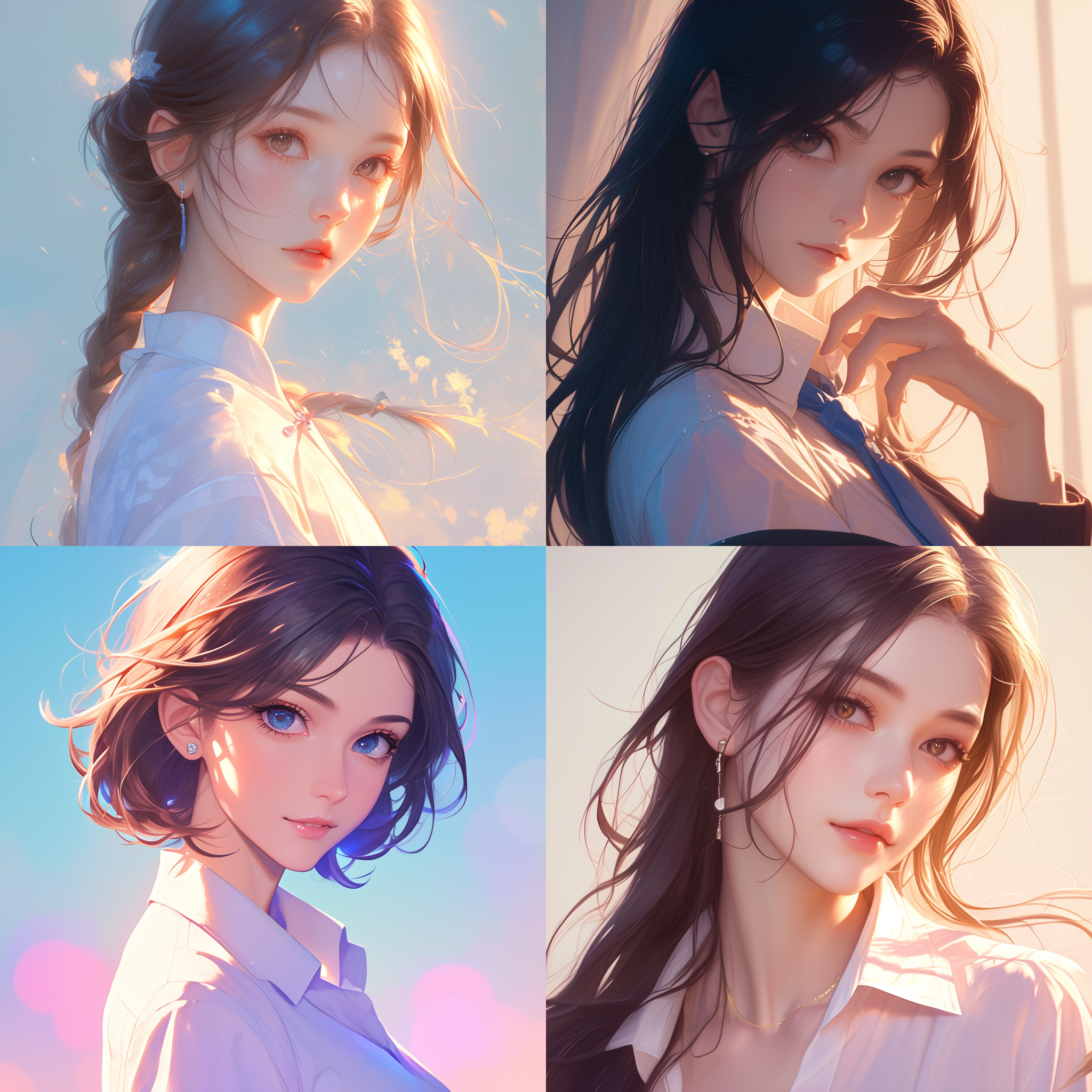 prompt. 中国中学女生，海报背景，高级感，侧对角布局，冷色调，中焦镜头，柔和侧光，自然动作，优雅，高冷，头像