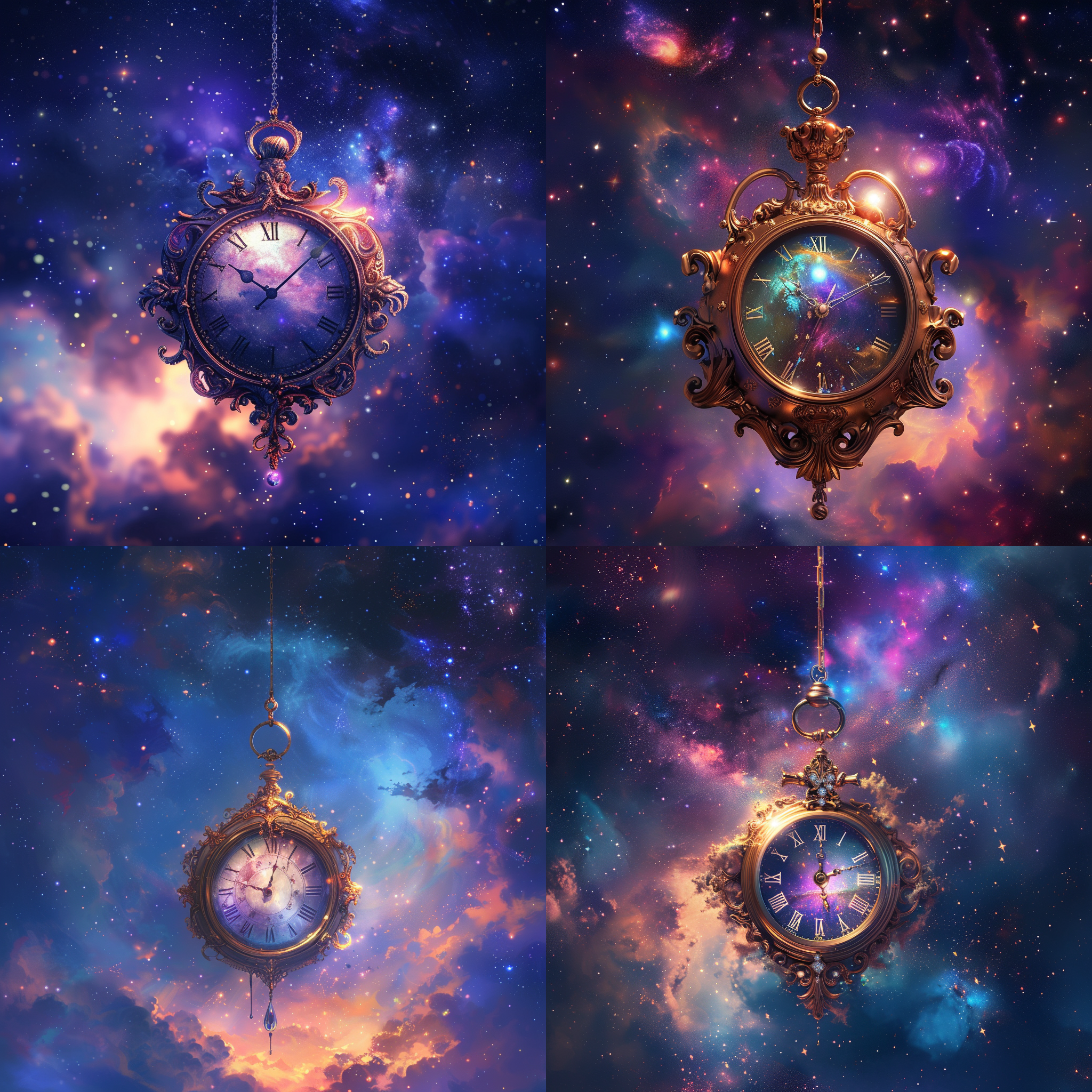 梦幻时钟悬于星空，时钟与星空融为一体。星空背景色彩斑斓，主色调紫蓝，时钟呈现古典风格，铜质外观，镶嵌着宝石。时钟指针指向深夜十二点，瞬间停滞。星光洒落在时钟上，照亮了整个场景。时钟表面映照出梦幻的光芒，营造出神秘而奇幻的氛围。时钟散发出一种悠久的历史感和神秘的魅力。