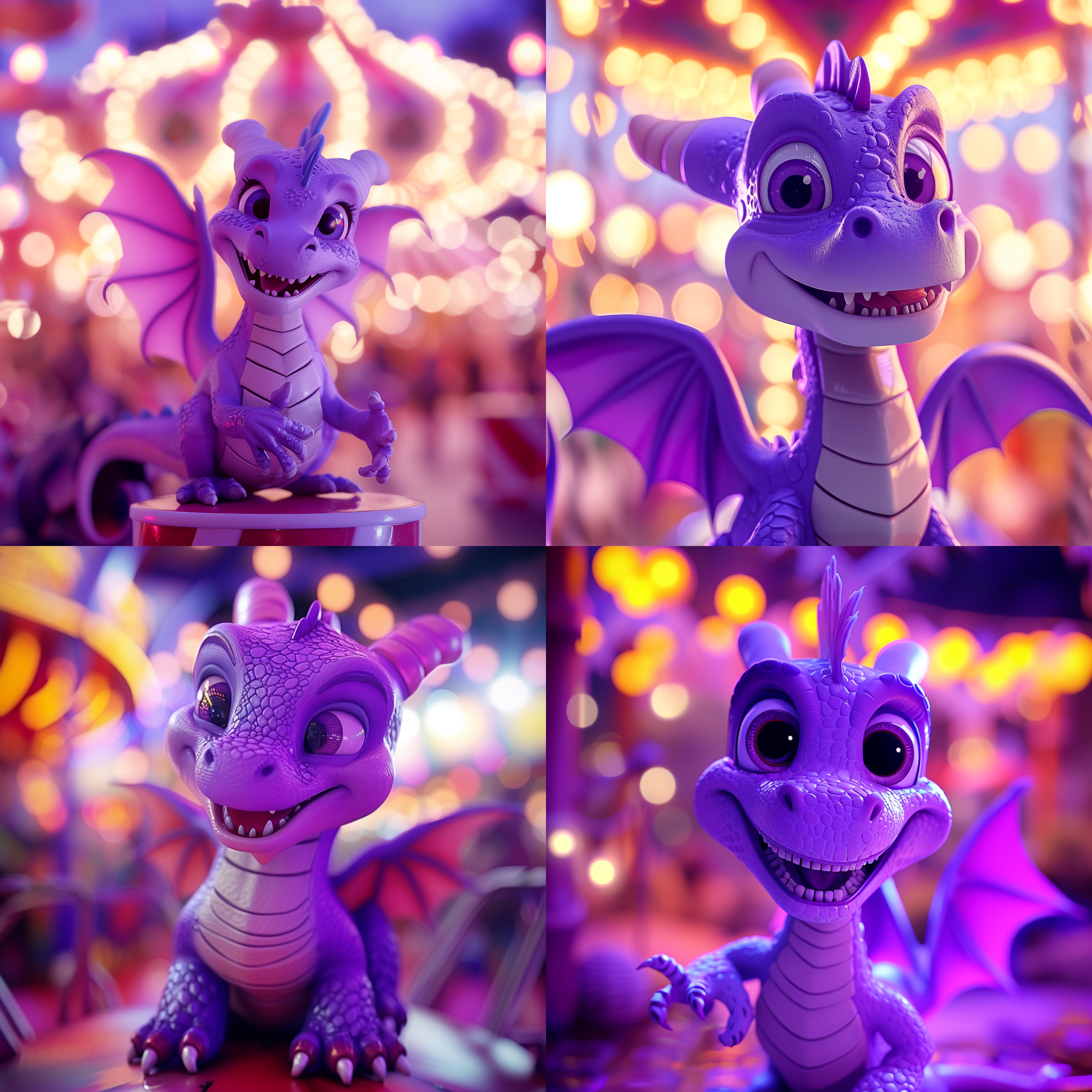 prompt. 淡紫色卡通龙，微笑，可爱，游乐场, 高饱和度，童趣，近景，逆光，色彩丰富，喜悦。
