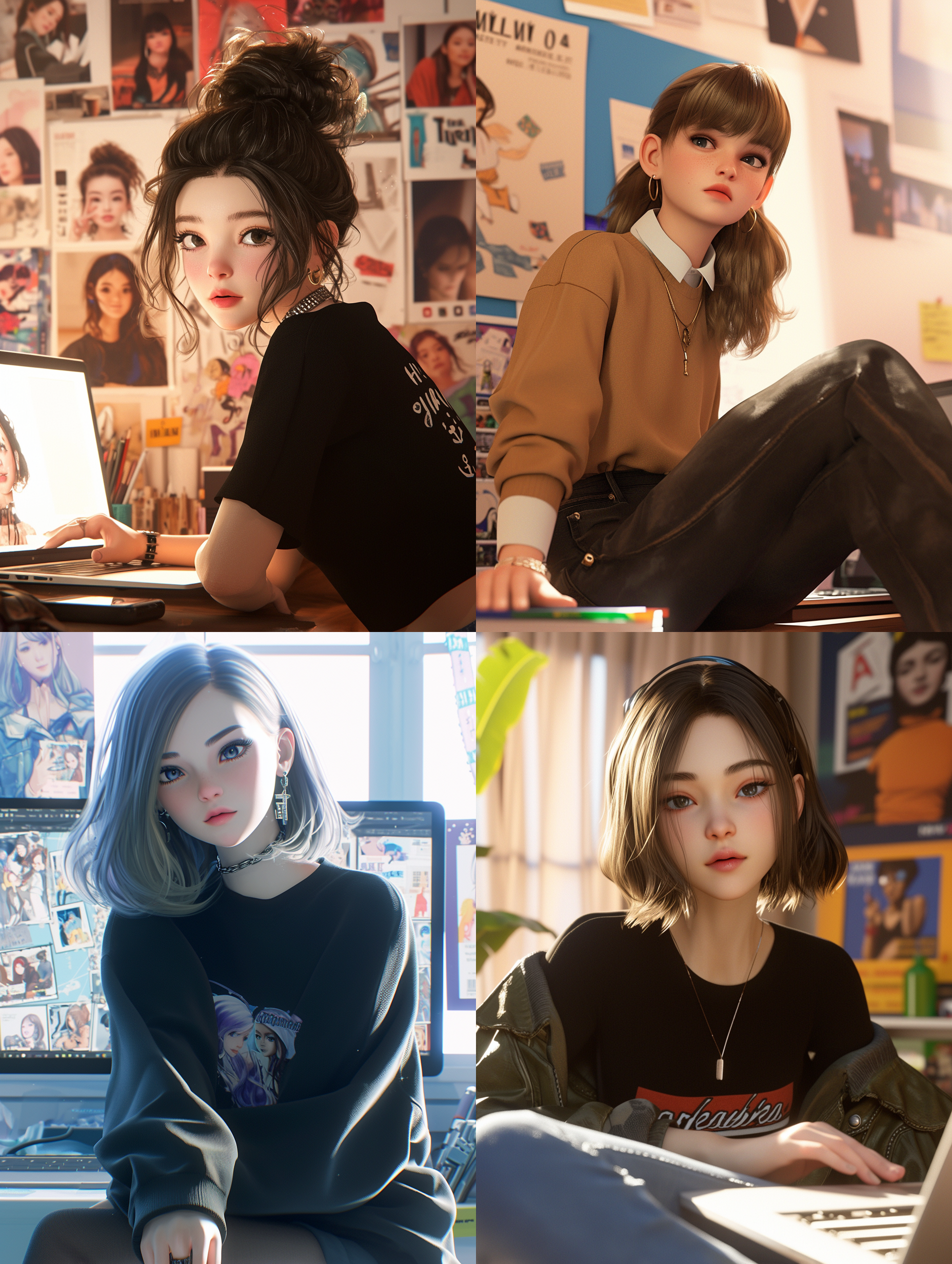 女孩坐在一台笔记本电脑前面，背后是一张海报。这张照片以虚幻引擎渲染的风格呈现，工笔绘画风格，3d网络工作者，时尚穿着，色彩丰富的卡通，特写镜头，重影阴影，柔和渐变，daz3d，动态gif，azure，迷人的插图，屡获殊荣的ar1:1-s180-niji5风格。 prompt: 虚幻引擎渲染风格，工笔绘画，3d网络工作者，时尚穿着，色彩丰富的卡通，特写镜头，重影阴影，柔和渐变，daz3d，动态gif，azure，迷人的插图，屡获殊荣的ar1:1-s180-niji5风格。