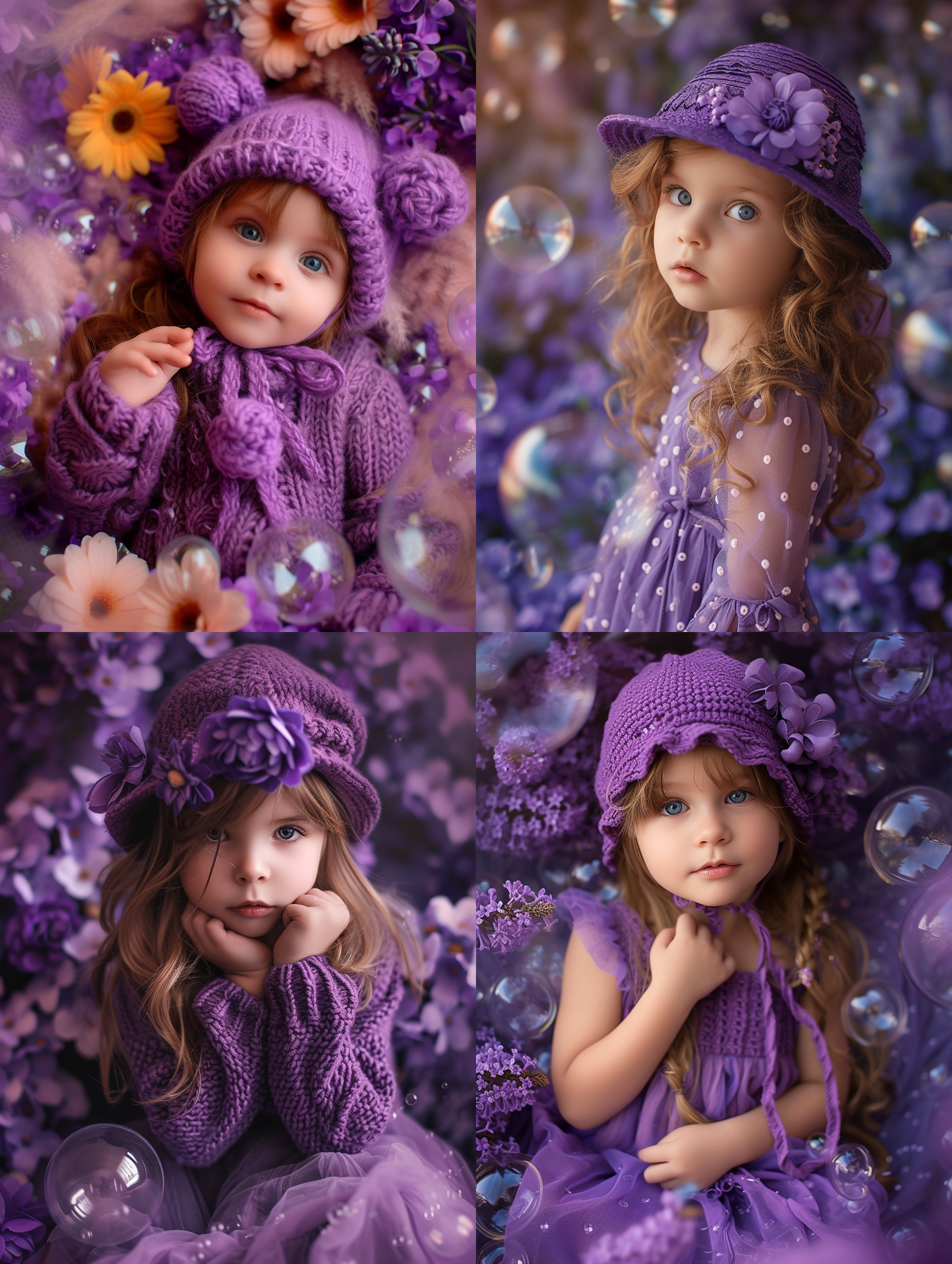 可爱的小女孩，穿戴紫色衣帽，整个身体，泡泡玛特，花朵背景，超高清