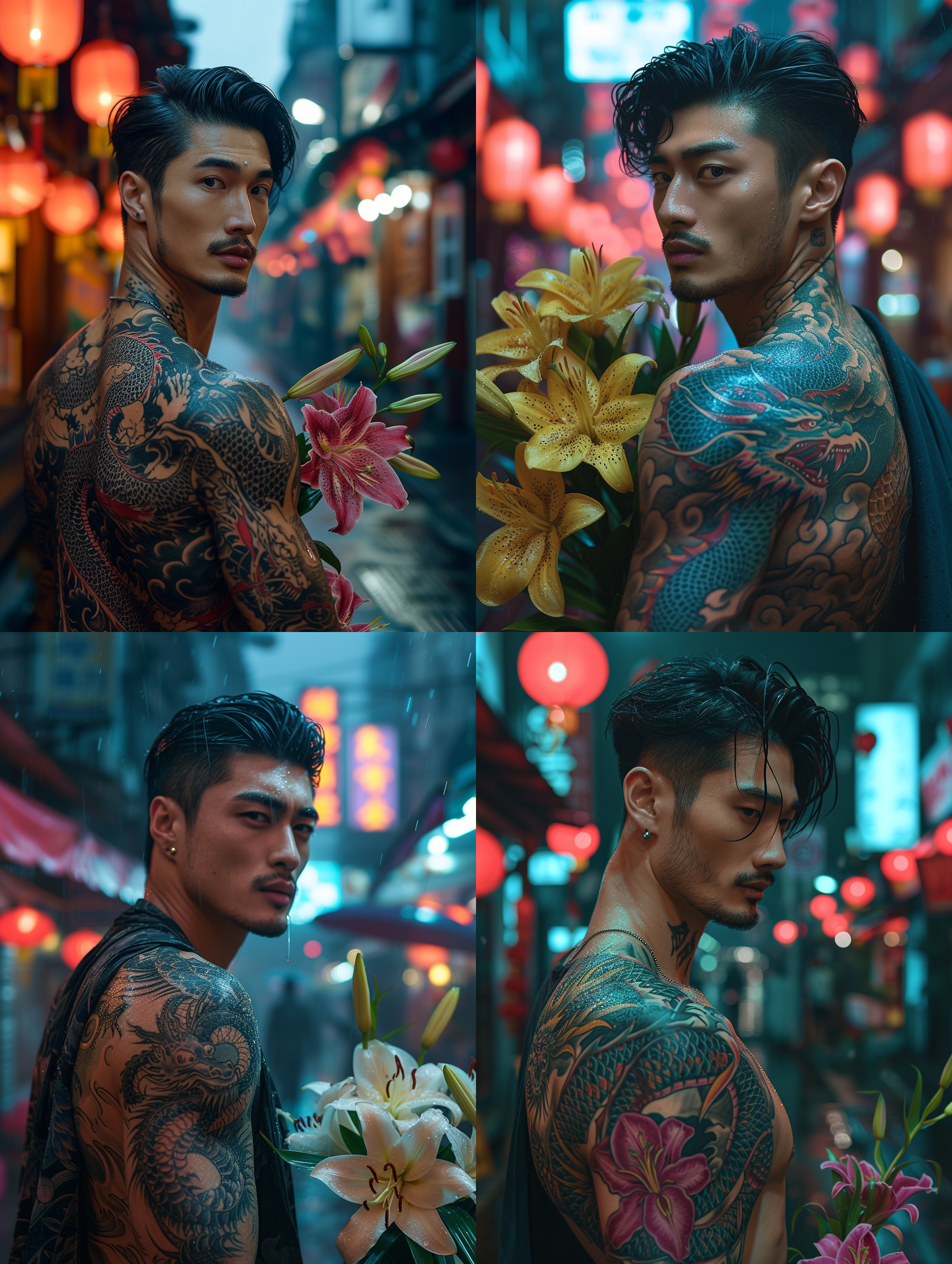 龙纹身的亚洲男人，百合花束，夜晚城市街头，肌肉，精致的发型，逼真的摄影风格，丰富的细节