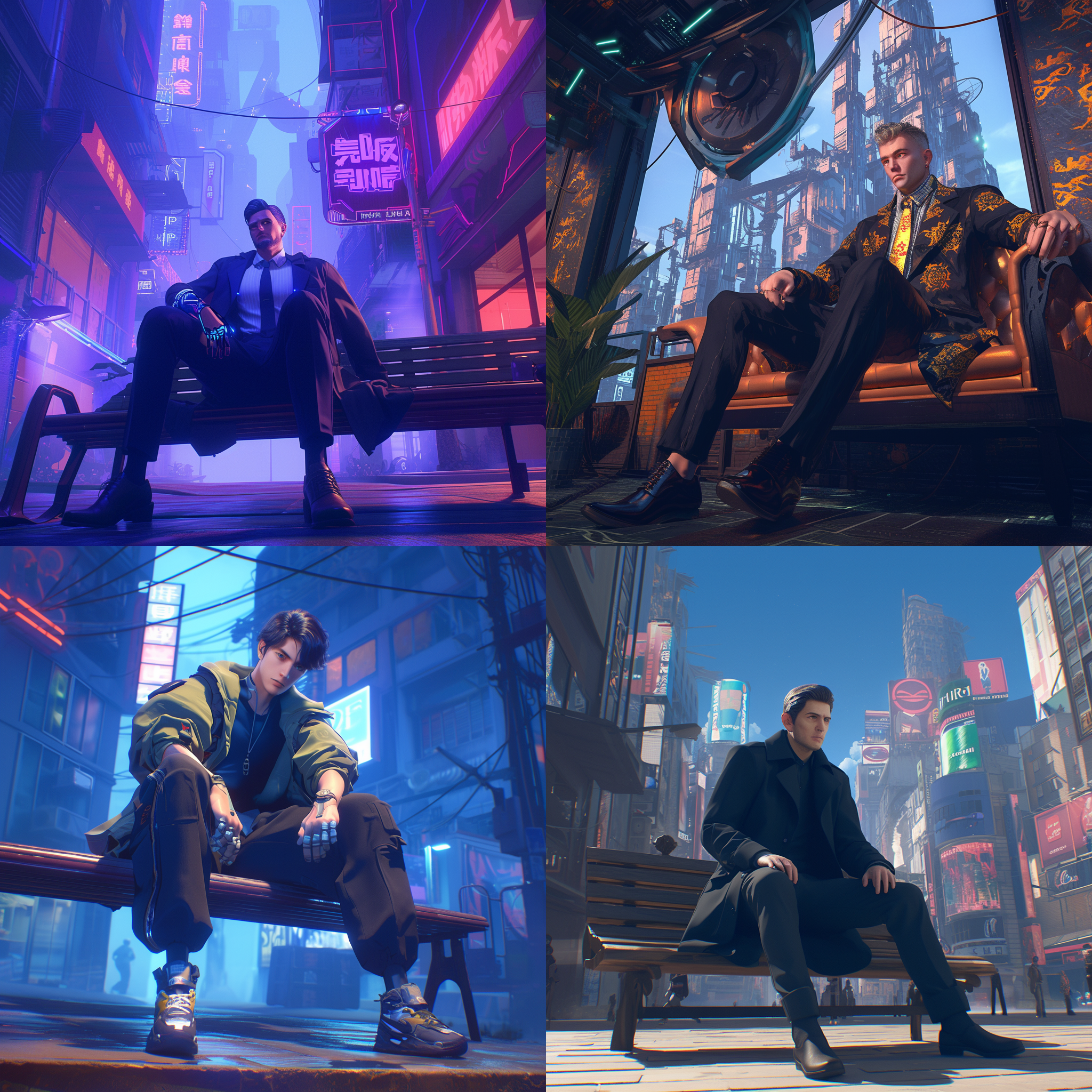prompt. 独裁ceo风格男子坐在赛博朋克风格城市街道的长椅上，采用虚幻引擎风格呈现，细致刷法，3d时尚模特，时尚服装，多彩动漫，互动特写阴影，柔和渐变，daz3d，动漫礼物，蔚蓝色，迷人插图。
