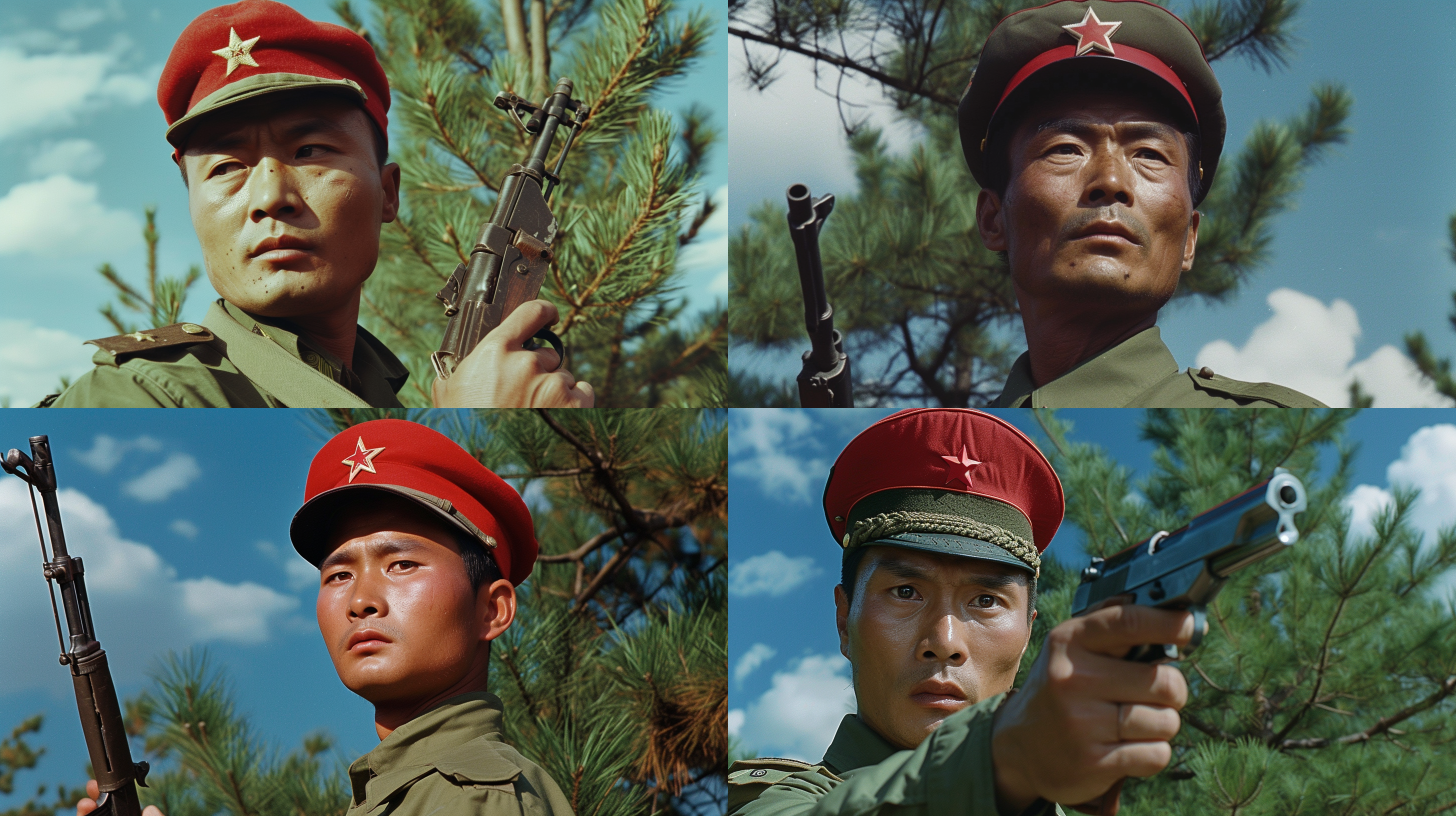 中国，1980年代，一名解放军战士头戴红五星军帽，身穿绿色军装，威武庄严，在右手宣誓，浓眉大眼，表情严峻，左手挎着冲锋枪，前面有绿色松树，后面蓝天白云，长焦镜头，人物特写，背景虚化，精细 sref