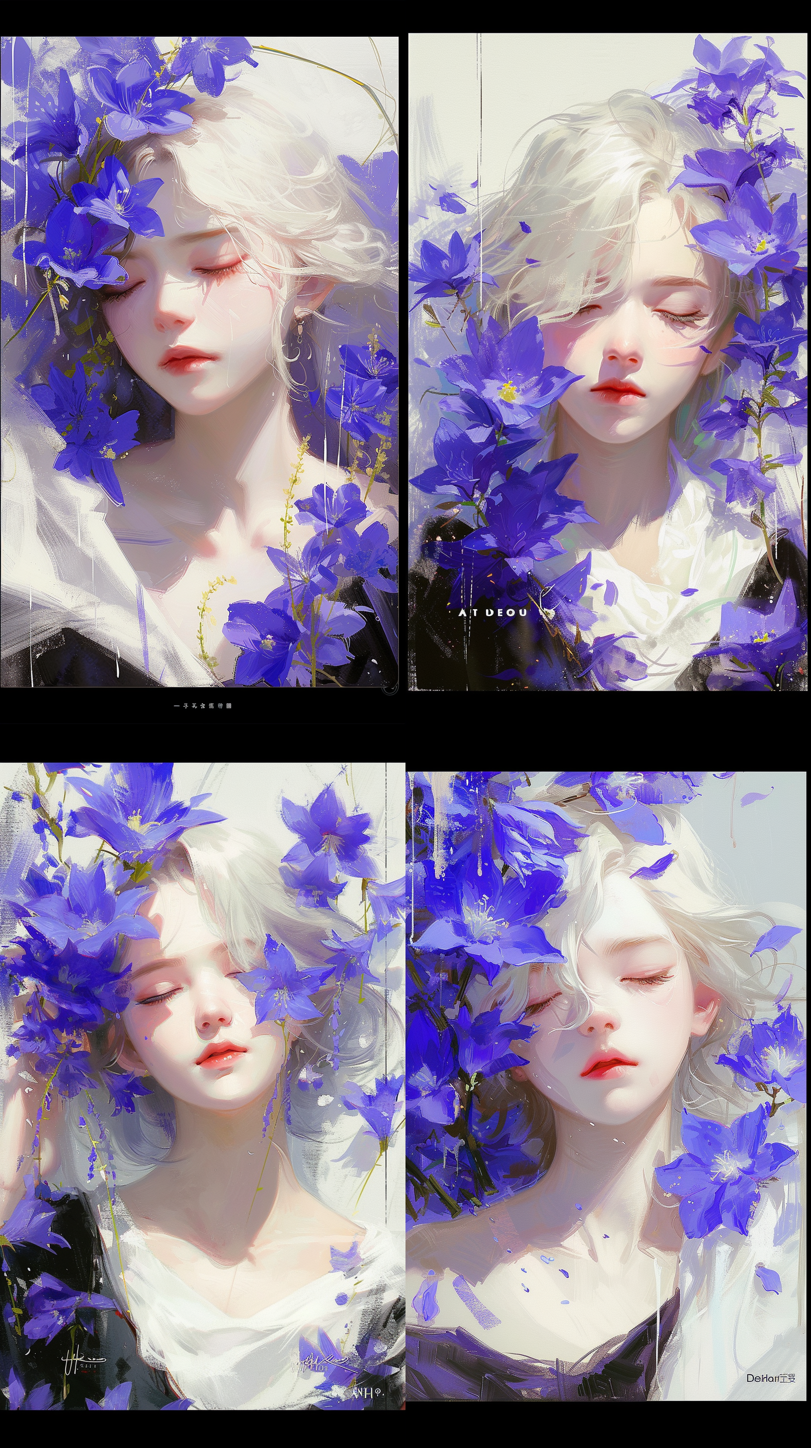 a girl with purple flowers,tying her hair with a white cloth,closing eyes and smiling 剪纸工艺