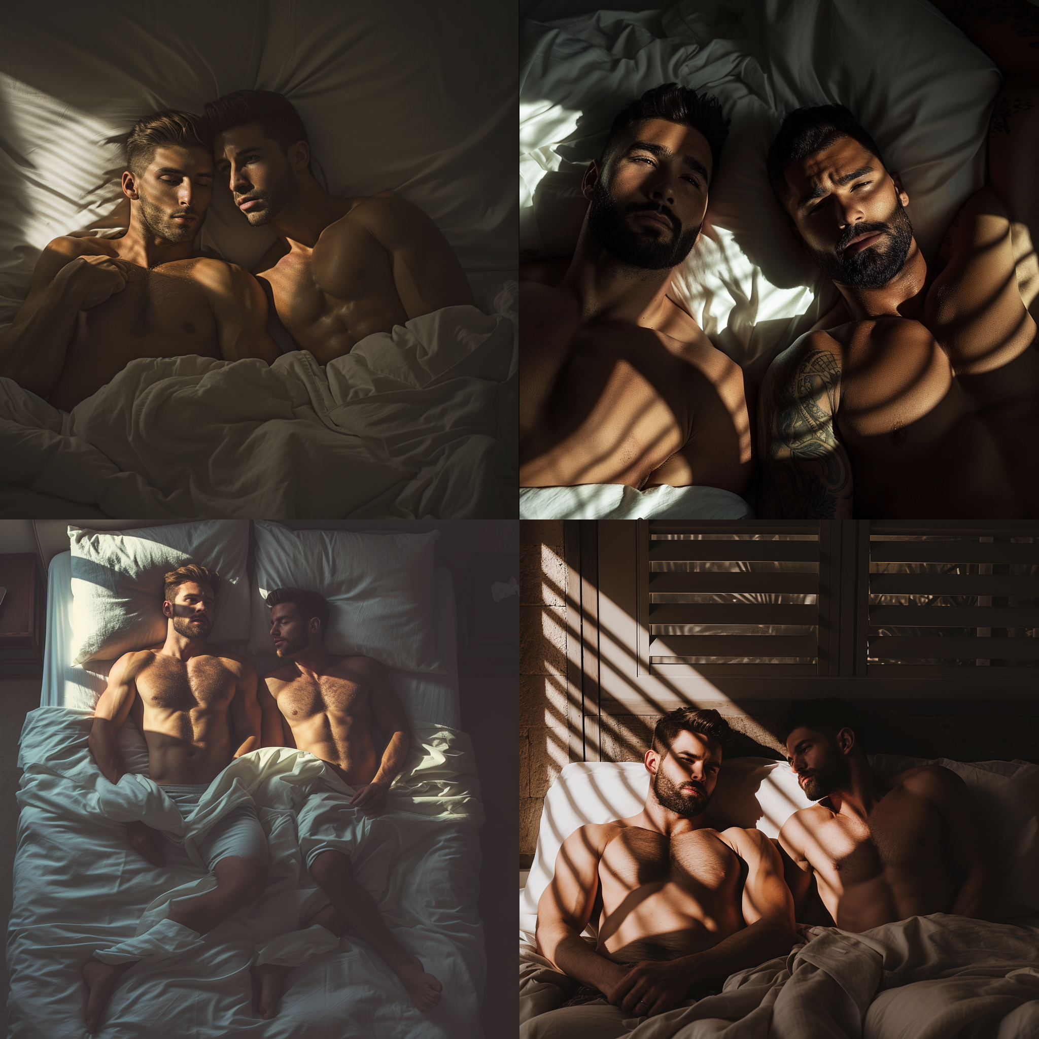prompt. 两个肌肉帅哥躺在床上，简约卧室，高光阴影，肌肉线条，暖色调，快速快门，男性力量，柔情。