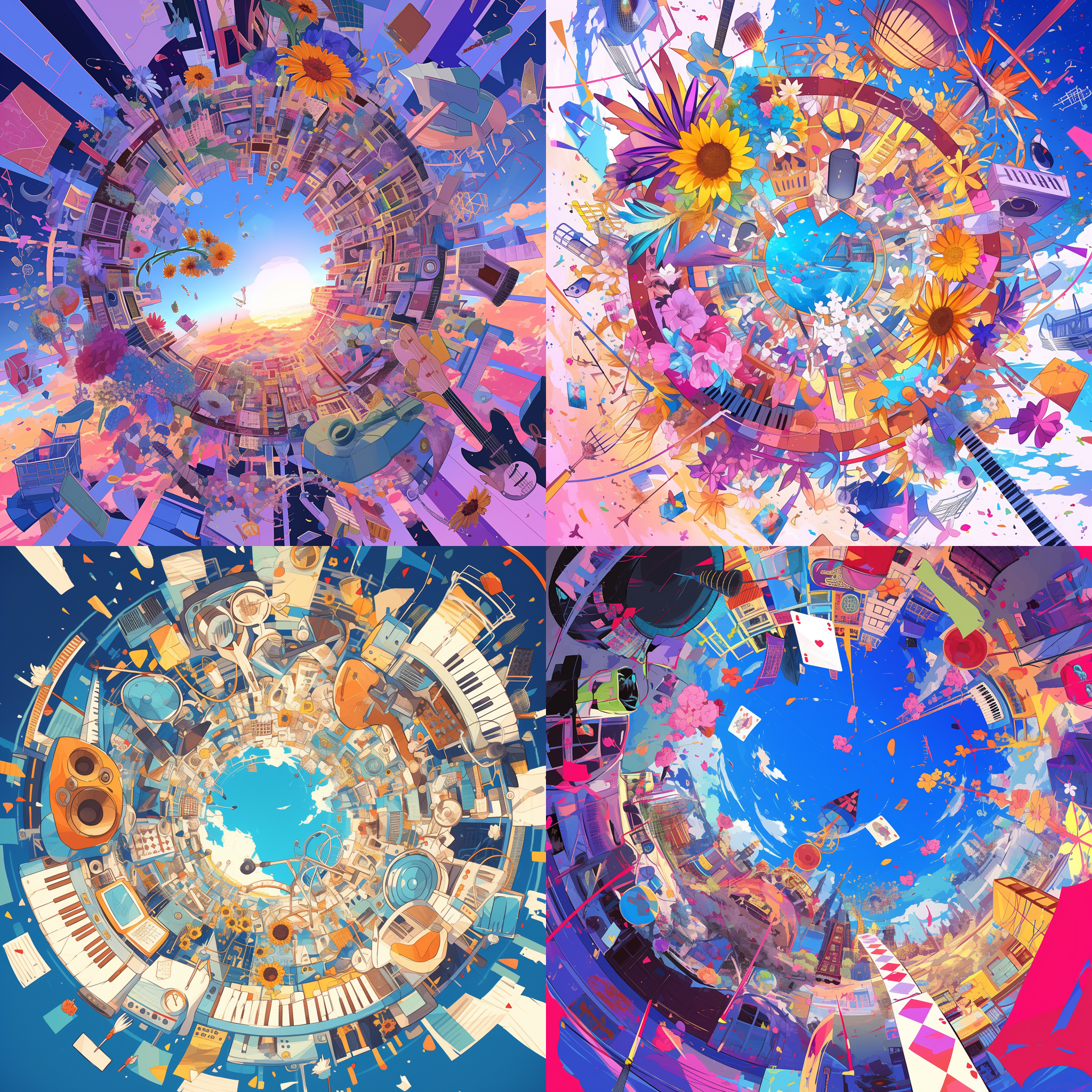 奇幻风格，背景图是从万花筒中看到的世界，有非常多的乐器，话筒，花，购物车，搞怪的