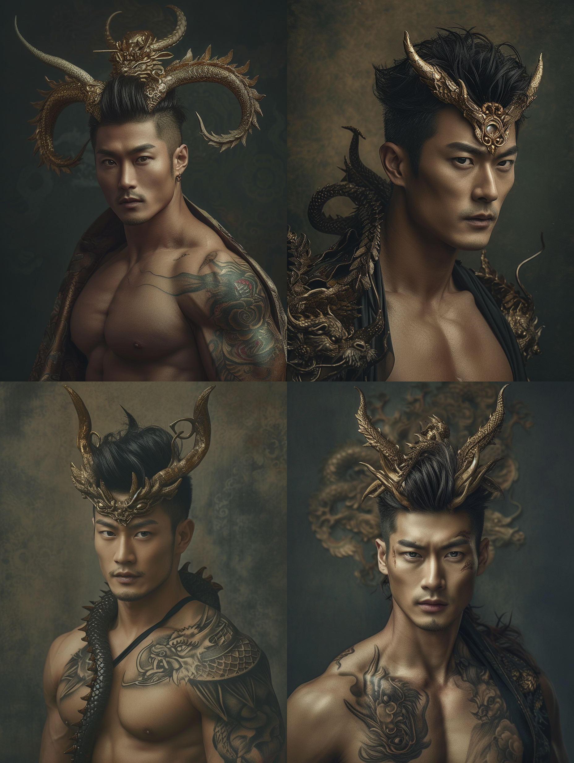 英俊的亚洲男人，龙角装饰，肌肉，精致的发型，逼真的摄影风格，丰富的细节